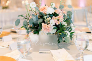Pink and White Floral Centerpiece with Silver and White Table Number
