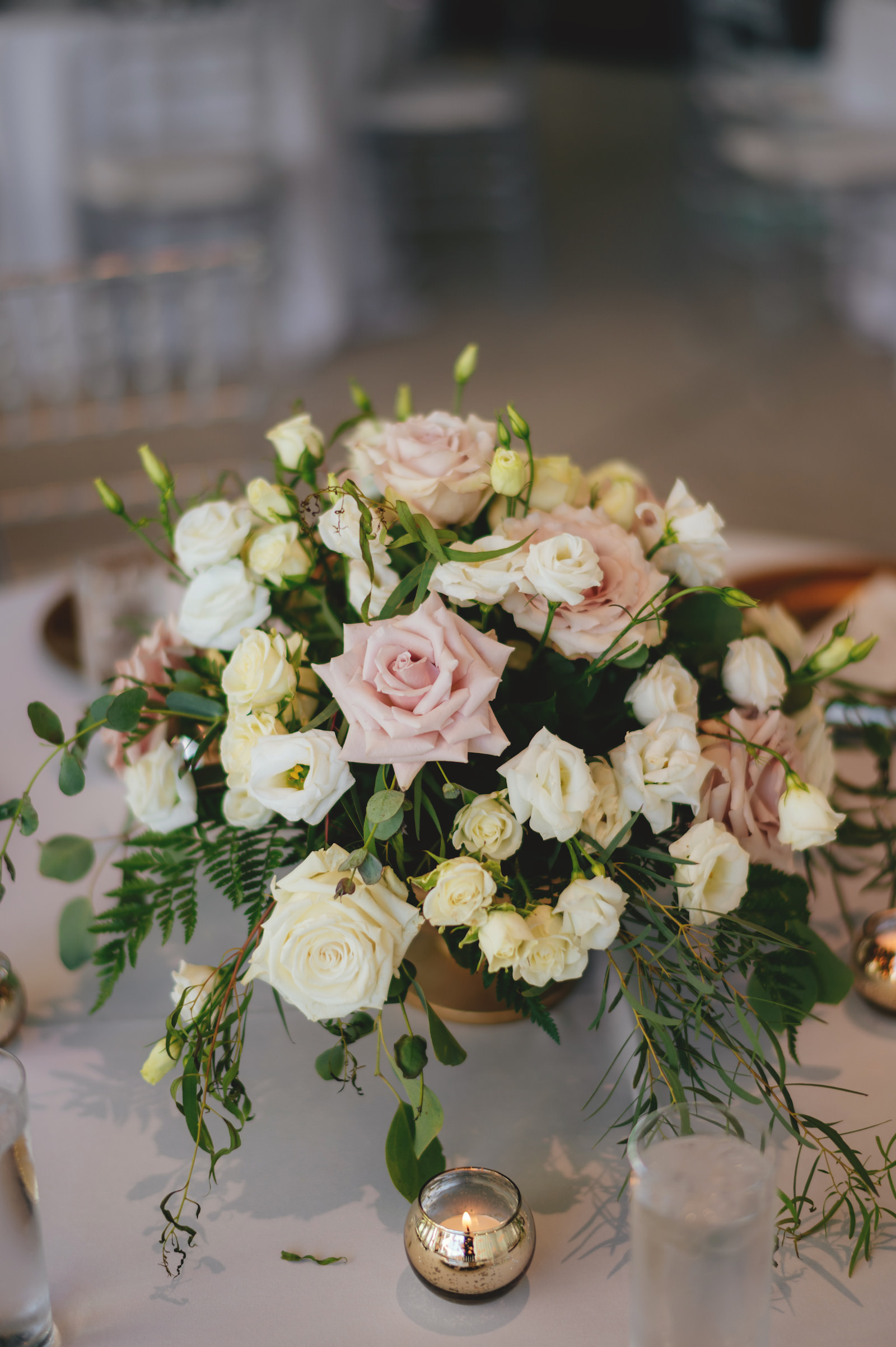 Modern Minimalist Wedding Reception Decor, Low White and Blush Pink Roses with Greenery Floral Centerpiece, Wooden Table Number