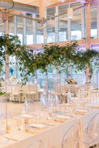 Ghost Chairs with White Linens and Tall Gold Greenery Centerpieces Wedding Tablescape | Tampa Florida Rental Company Kate Ryan Event Rentals