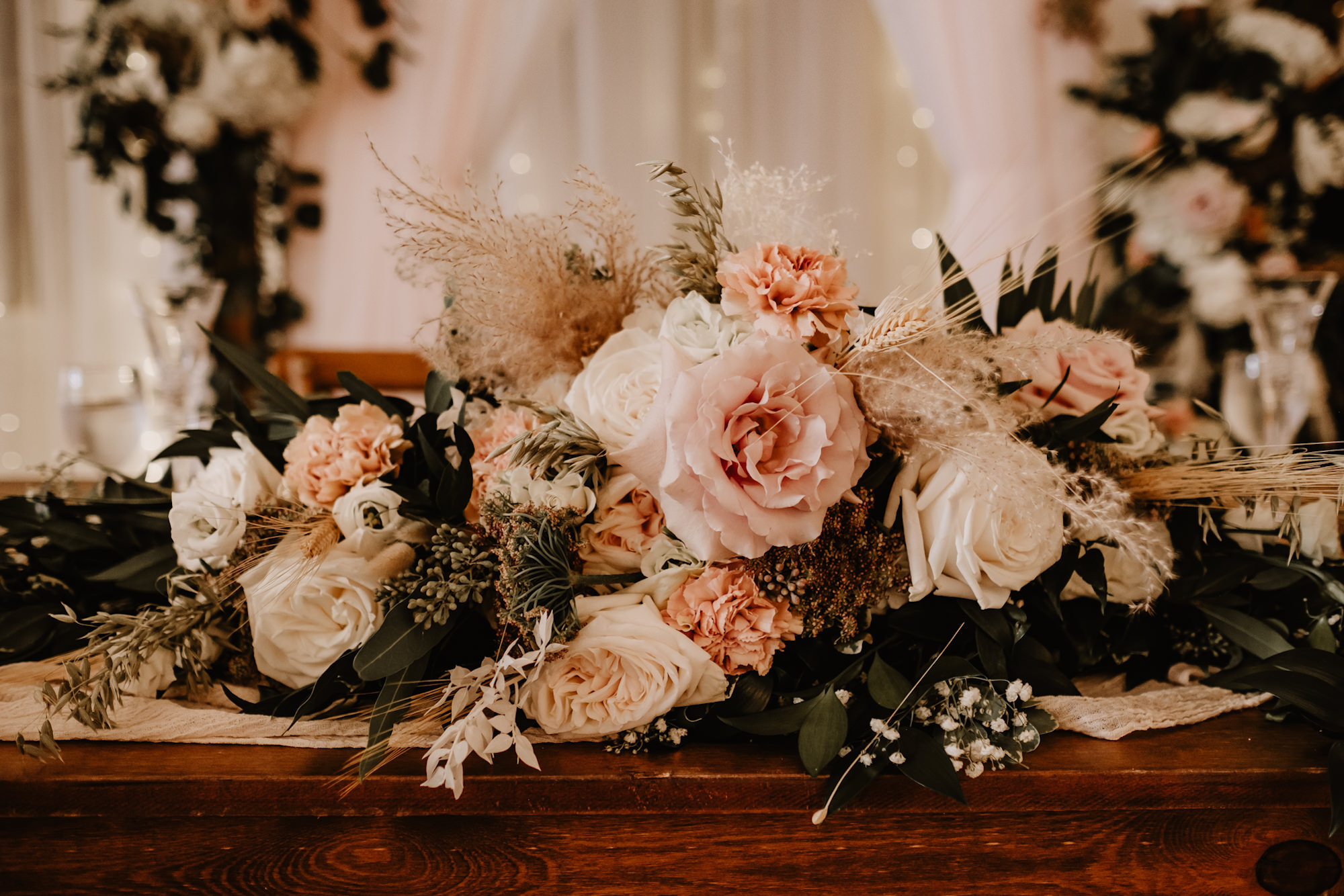 Neutral Boho Modern Wedding Reception Decor, Blush Pink and White Roses, Babys Breathe, Greenery Pampas Grass Floral Bouquet