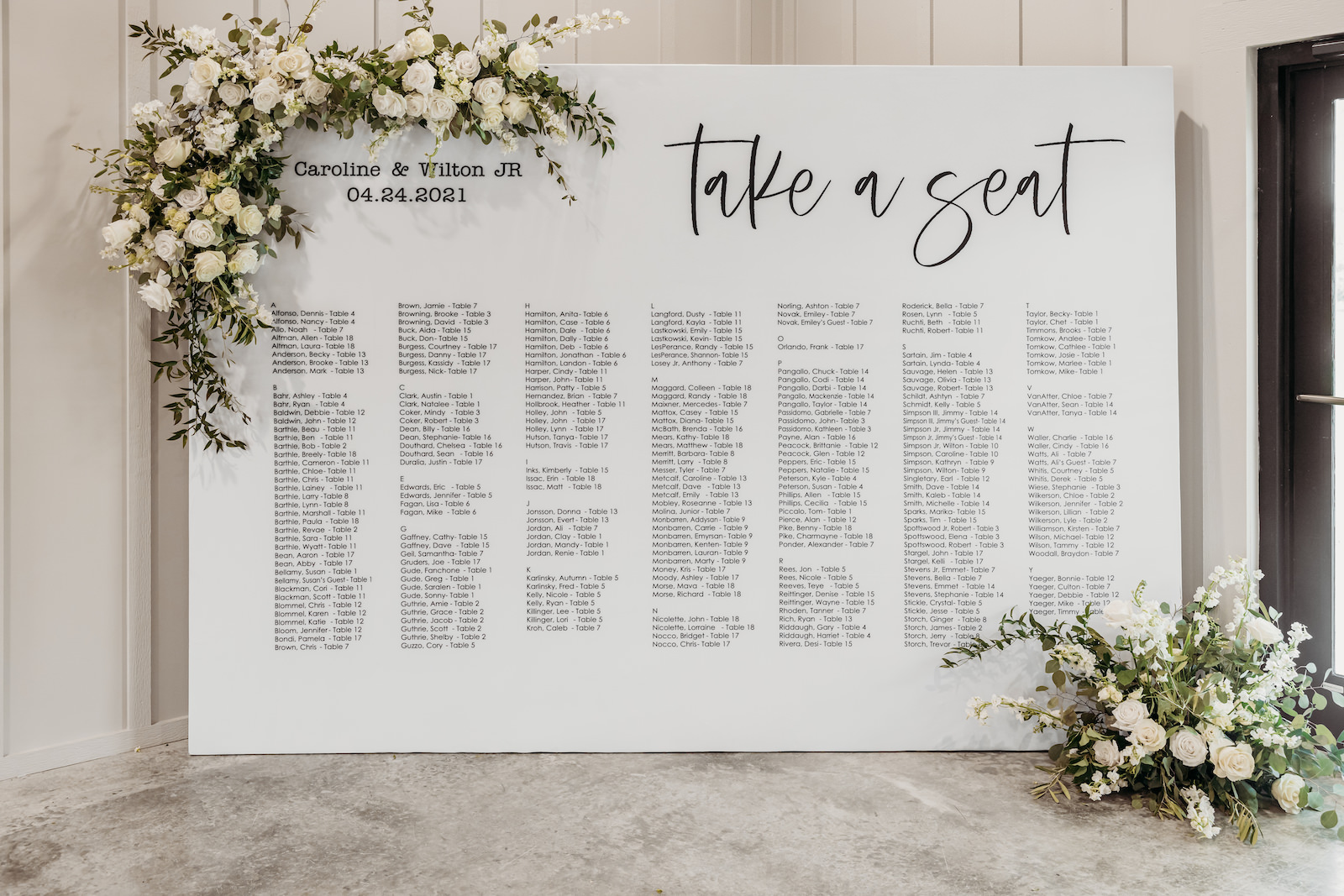 Classic Modern Black and White Extra Large Oversized Black and White Seating Chart Panel with Lush White Roses and Greenery Floral Arrangements