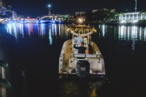 Florida Bride and Groom Exiting Wedding Reception on Water Taxi