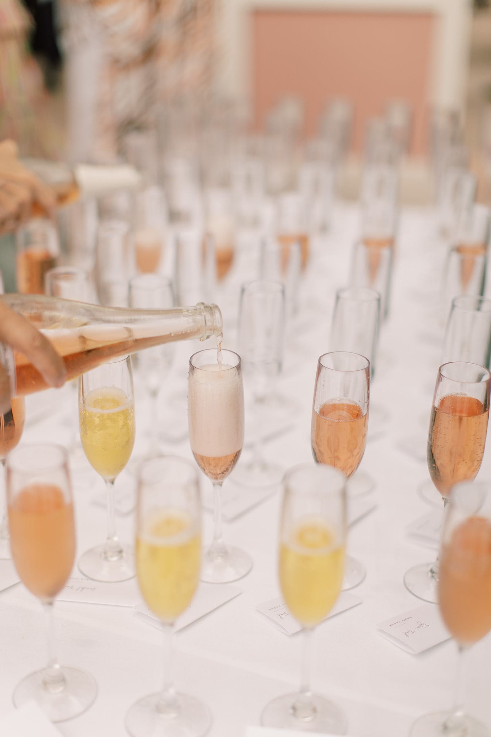 Vibrant Boho Wedding Reception, Rose and Champagne Glasses