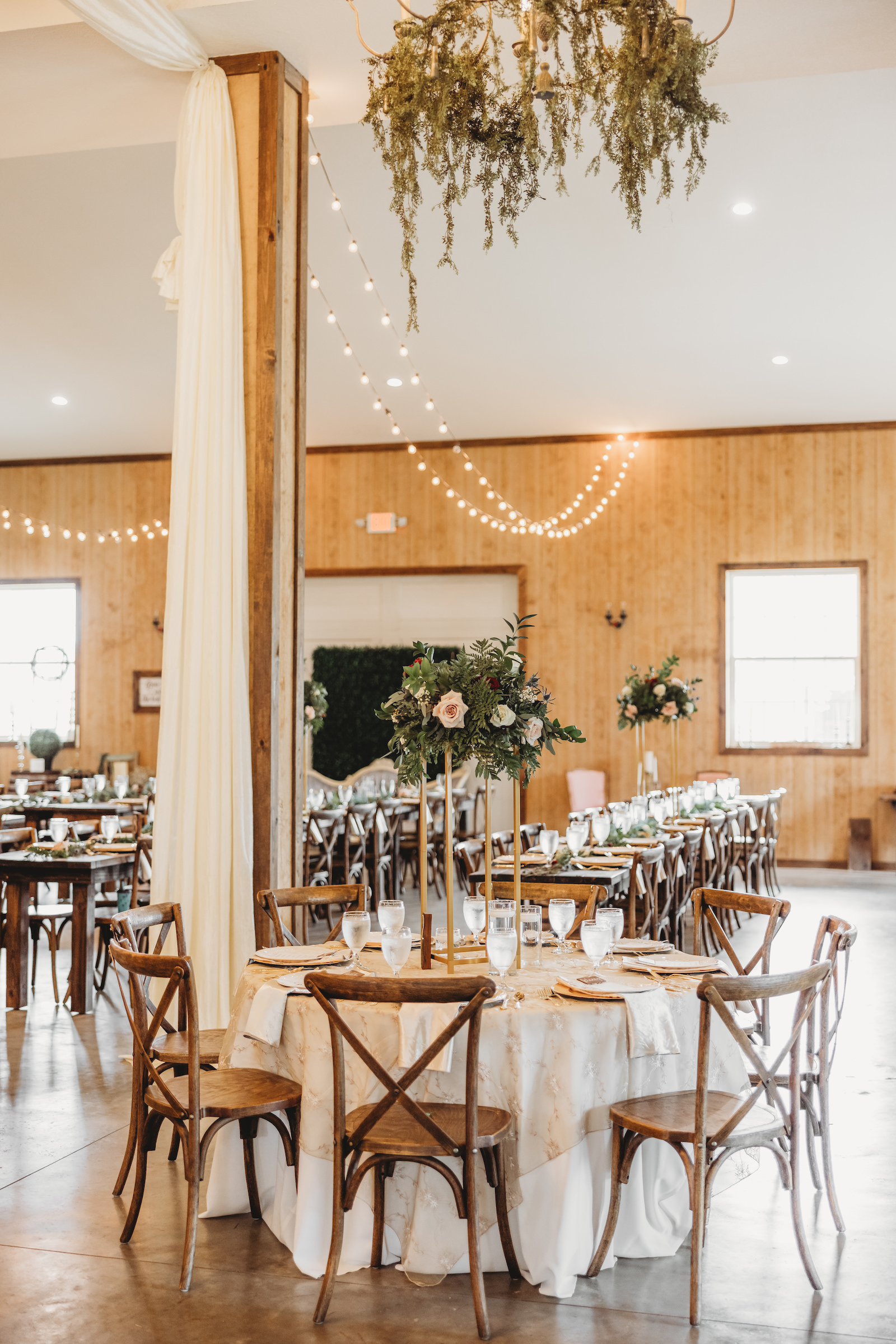 Rustic Wedding Reception with Greenery Tablescapes and Gold Tall Floral Centerpieces with Pink Roses and Greenery | Rustic Wedding with Gold Accents Tampa Bay Covington Farm