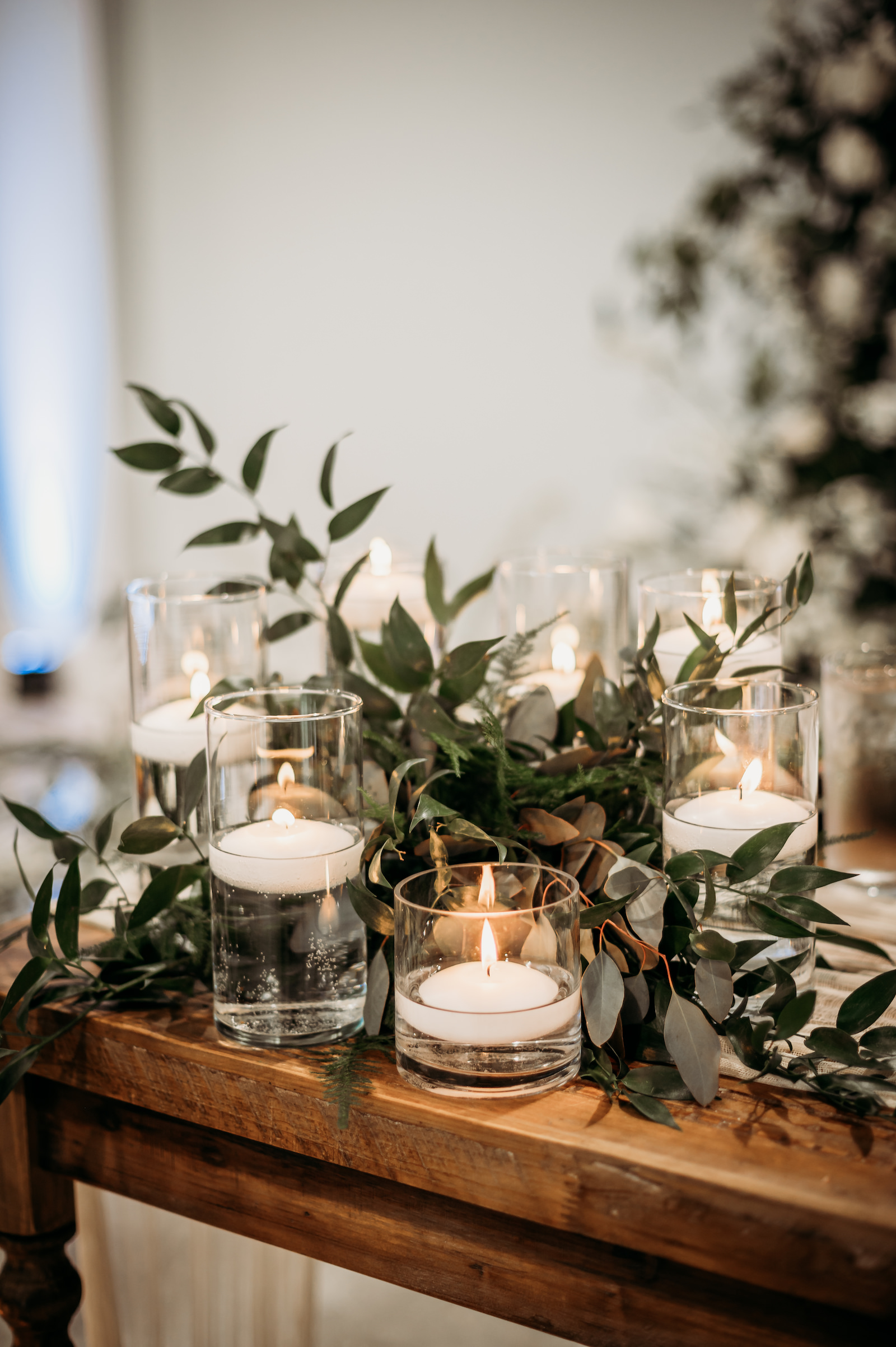 Classic Wedding Reception Decor, Greenery Leaves, Floating Candles