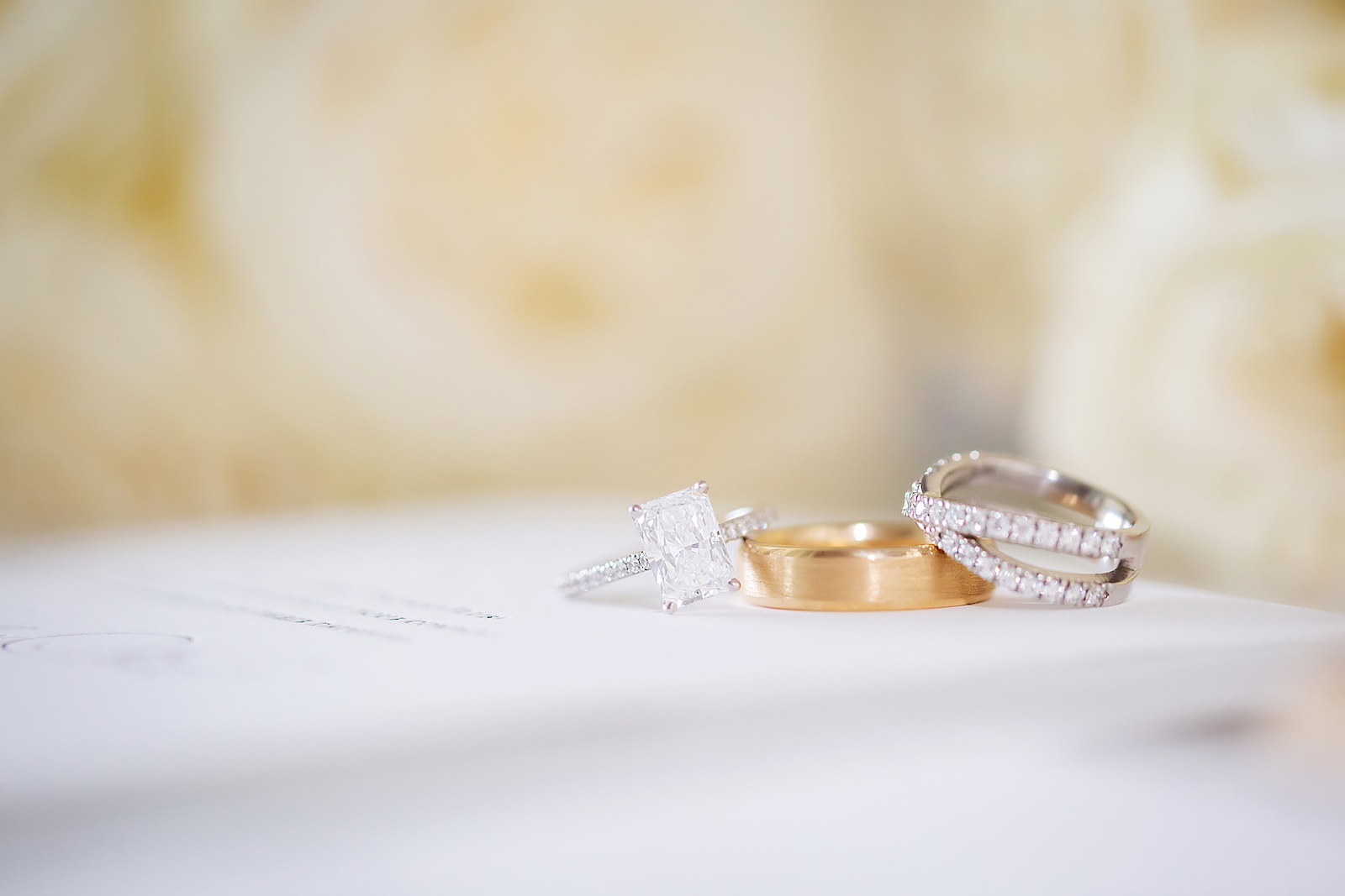 Emerald Diamond Engagement Ring, Crossover Diamond Bride Wedding Ring, Yellow Gold Groom Wedding Ring | Tampa Bay Wedding Photographer Limelight Photography