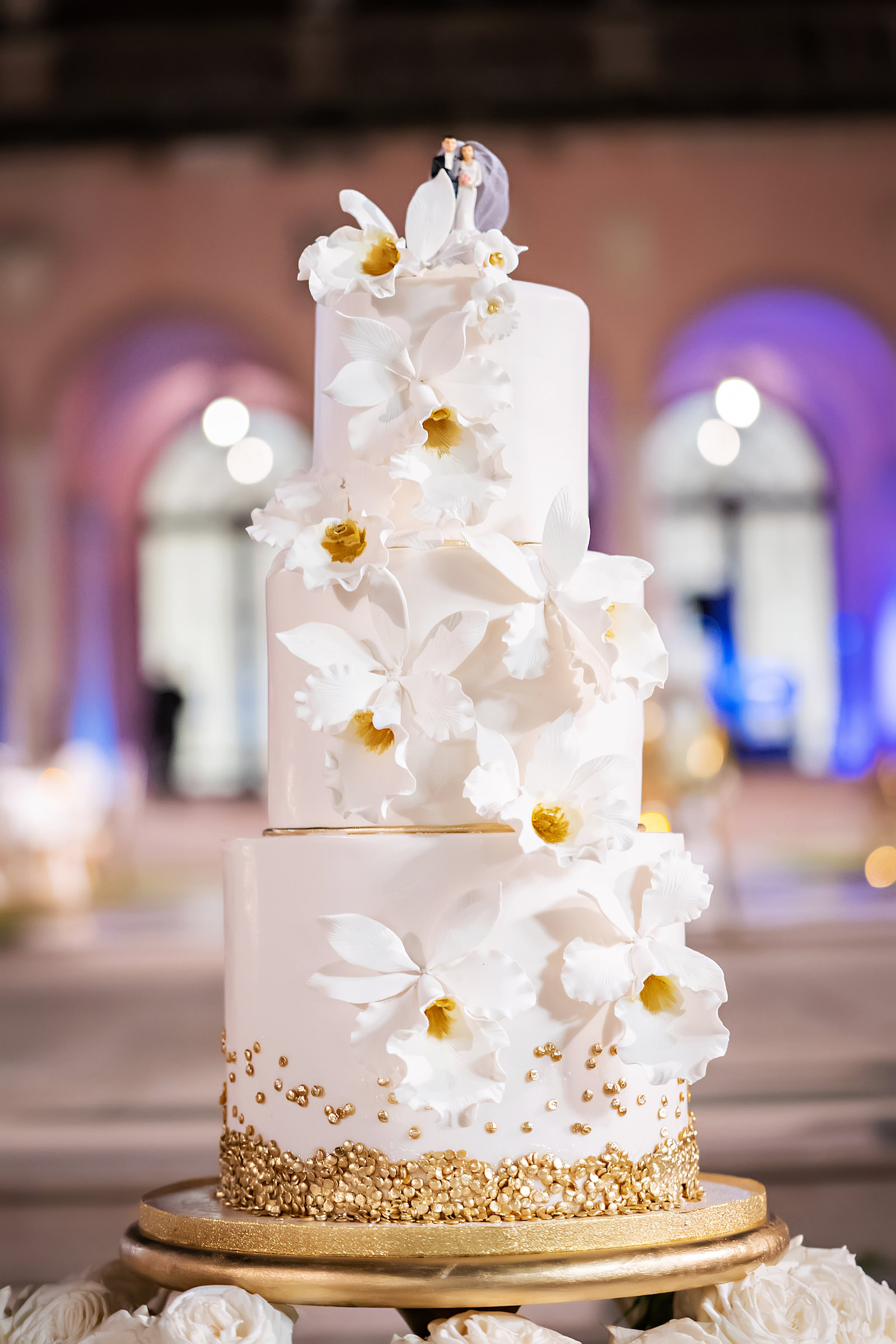 Three Tier White and Wedding Cake with White Sugar Flowers Cascading | Tampa Bay Wedding Photographer Limelight Photography
