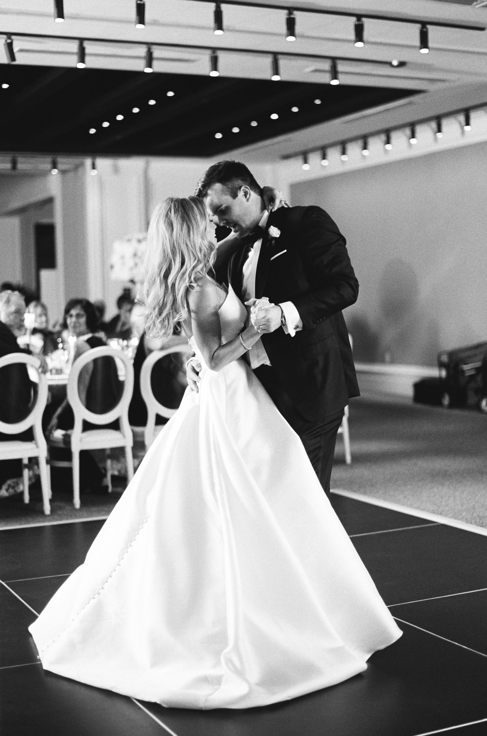 Luxurious Formal Black and White Portrait, Bride and Groom First Dance