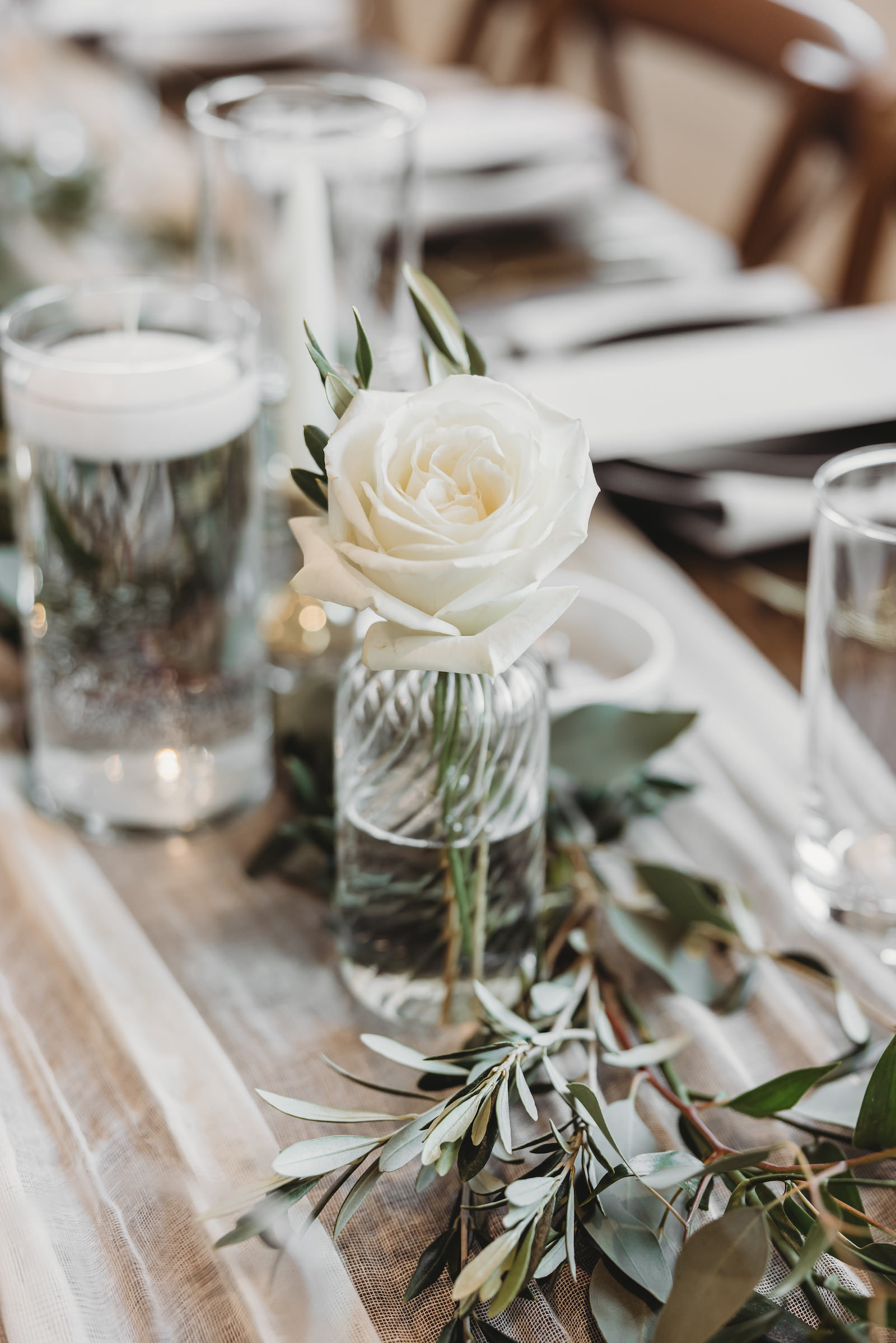 Classic Wedding Reception Decor, Single White Rose in Vase Floral Centerpiece
