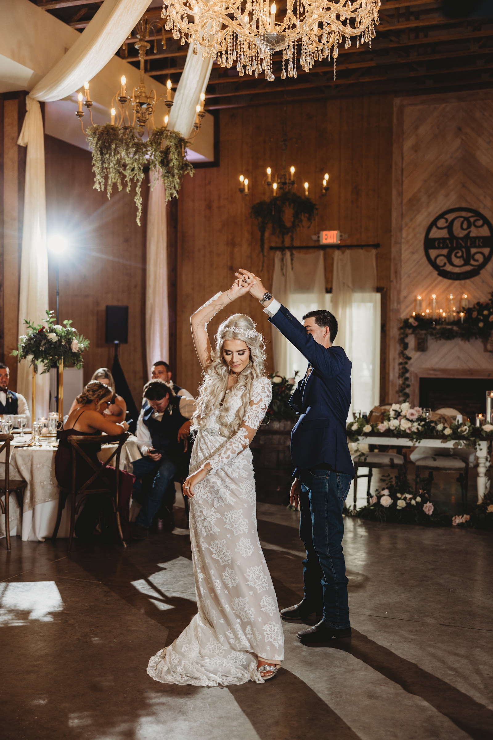 Bride and Groom First Dance in Rustic Wedding Reception Portrait | Covington Farm
