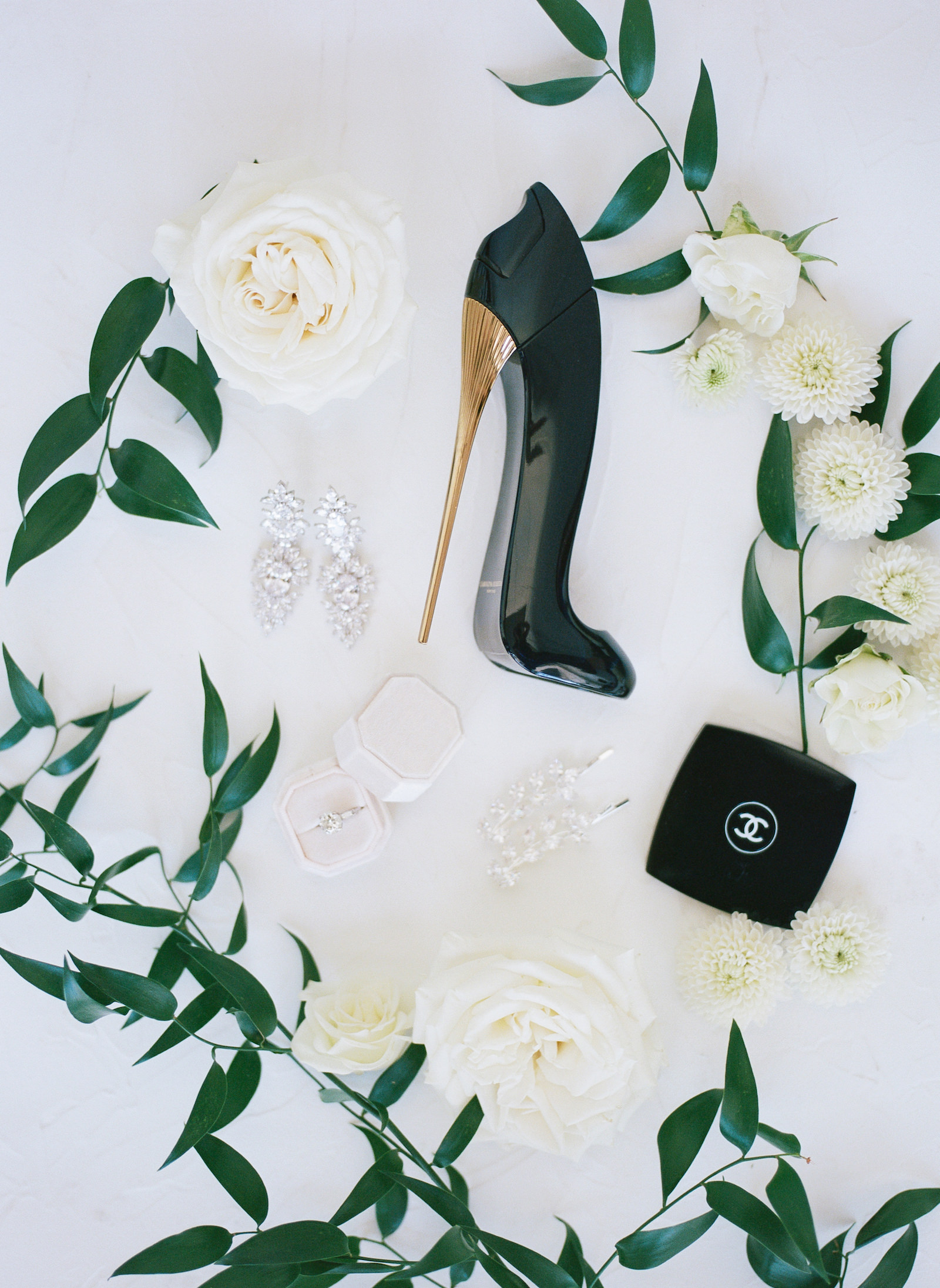 Luxurious Formal Black and White Wedding Accessories, Black Stiletto Heel Perfume Bottle, Chanel Makeup Compact, Engagement Ring, Bridal Jewelry