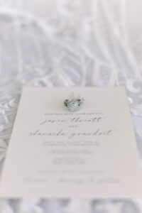 Classic Wedding Invitations with Halo Diamond Engagement Ring with Silver Band