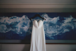 Simple Modern Sweetheart Lace Bodice and Crepe Wedding Dress on Personalized Hanger