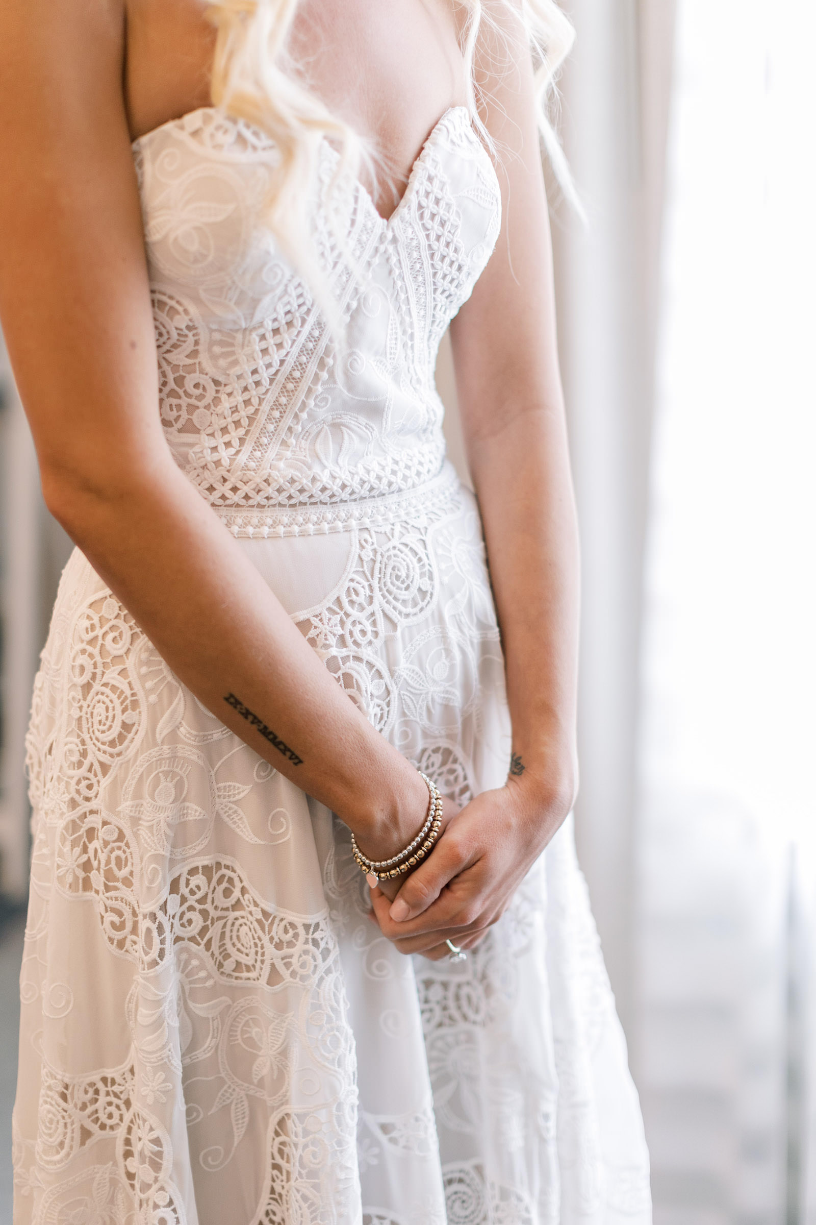 Vibrant Boho Wedding, Bride Wearing Crochet Lace Strapless Sweetheart Lillian West Wedding Dress