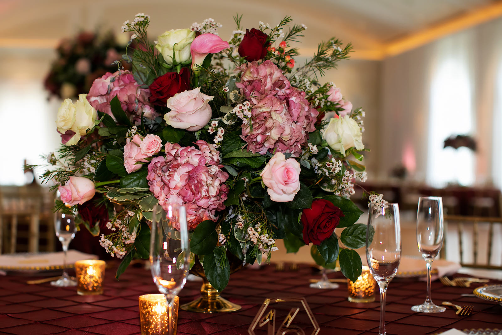 Lush Burgundy, Pink and White Roses and Greenery Floral Centerpieces for Garden Inspired Wedding | Tampa Bay Wedding Photographer Limelight Photography | Florist Lemon Drops | Planner Breezin Weddings