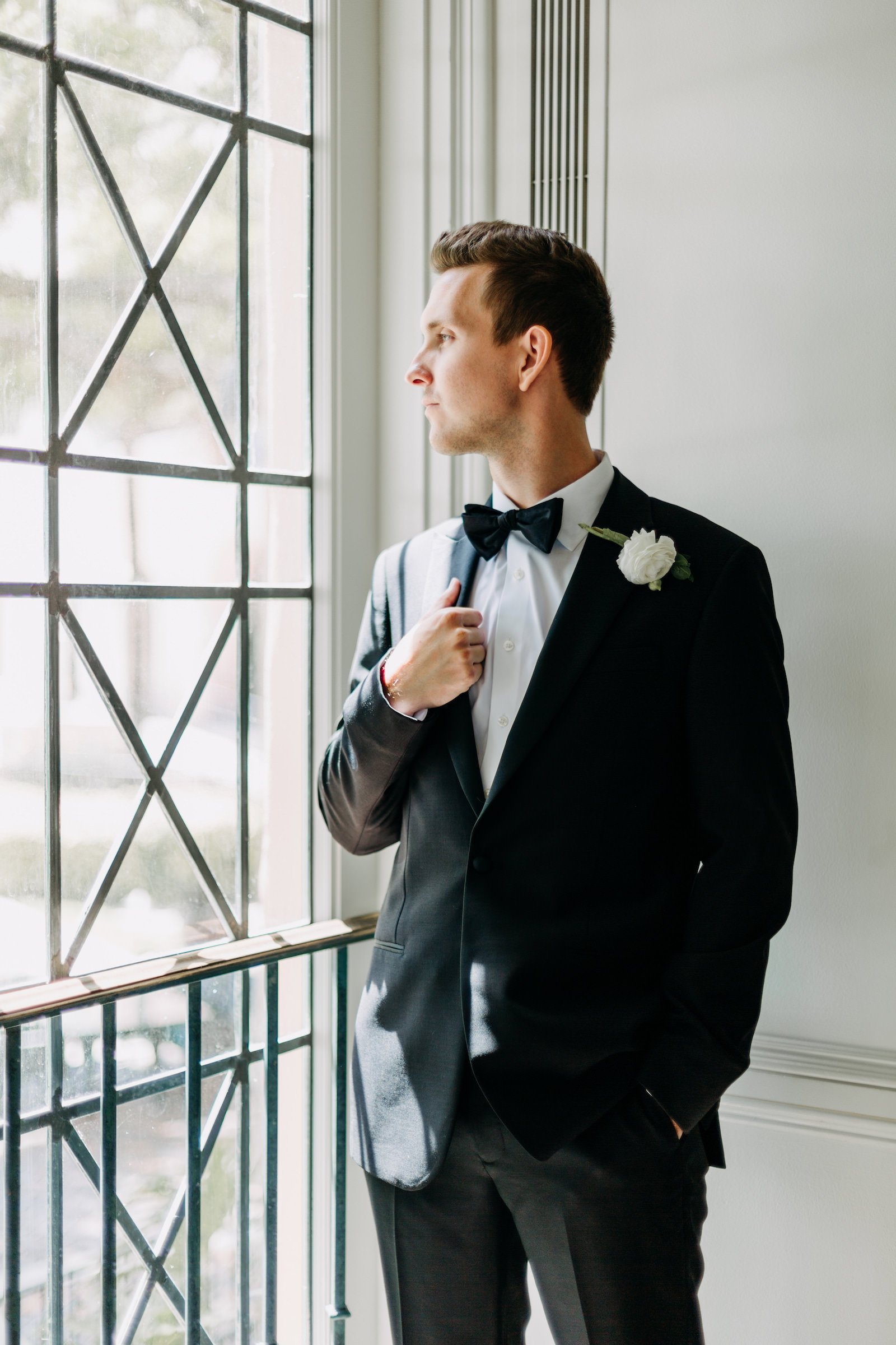 Groom in Classic Tux and Bow Tie Wedding Day Portrait | Amber McWhorter Photography
