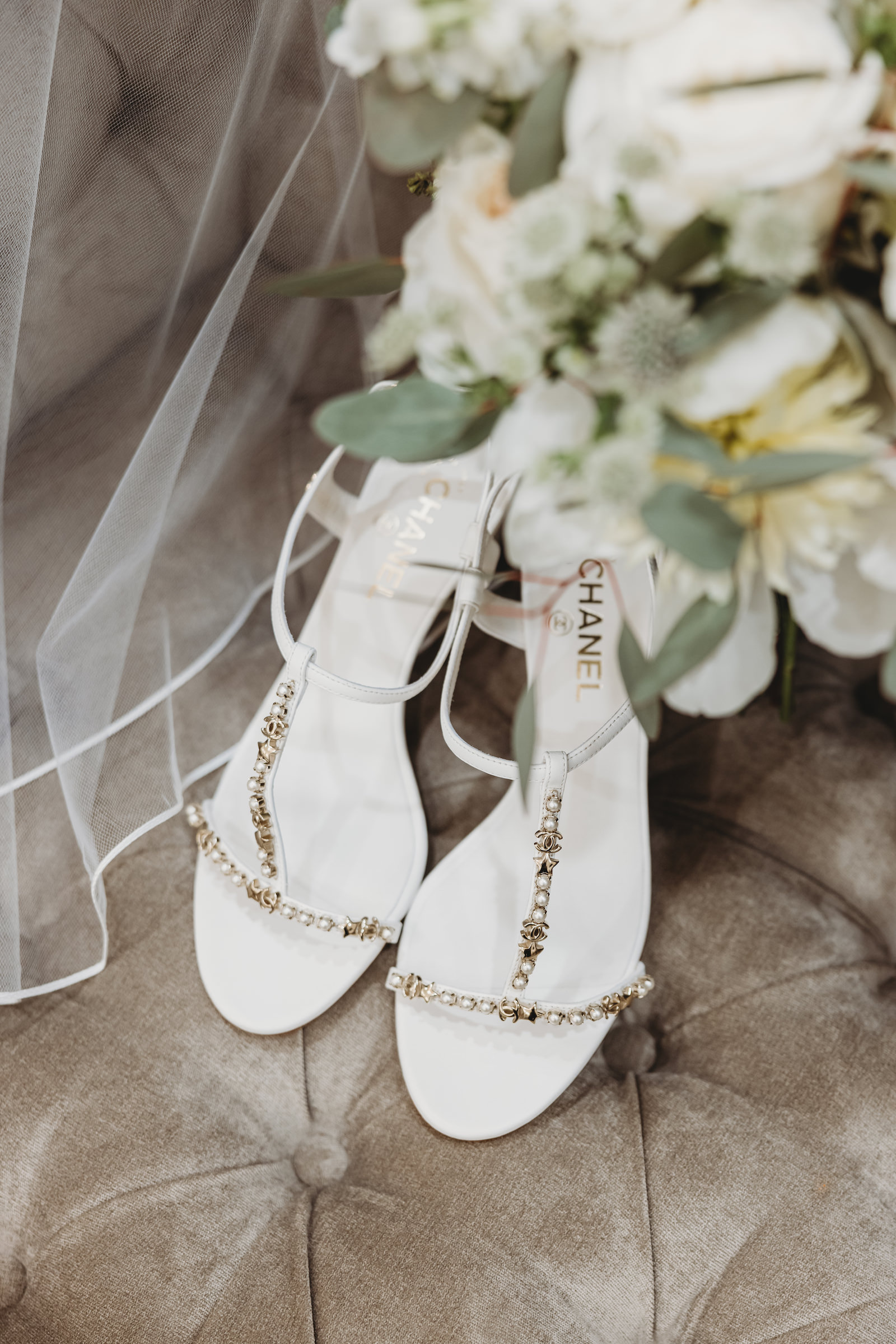 Chanel White and Pearl Strap Wedding Sandal Shoes