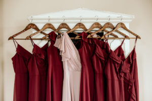 Burgundy and Blush Mix and Match Floor Length Bridesmaids Dresses On the Hanger Wedding Portrait