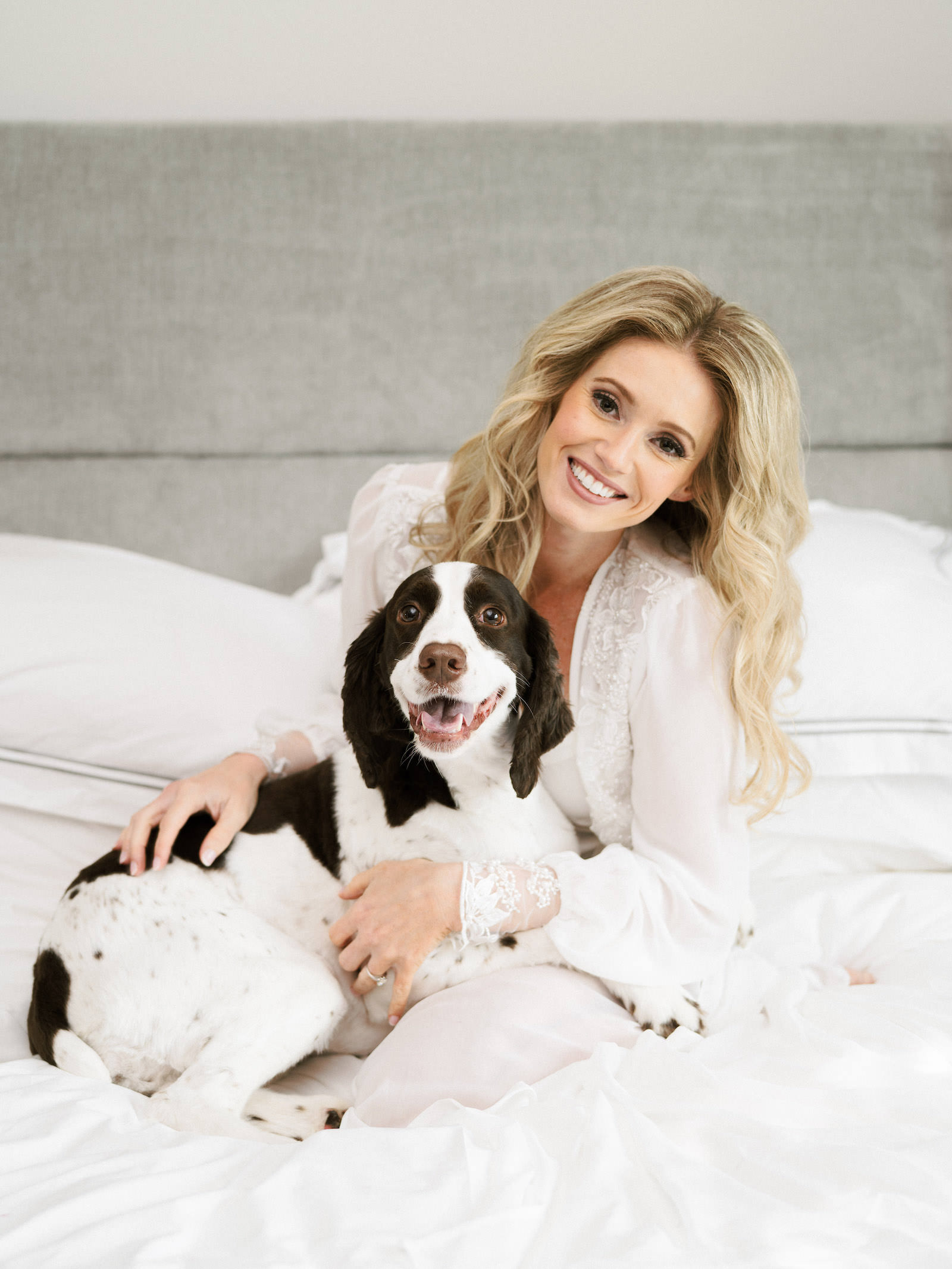 Luxurious Formal Wedding, Bride Getting Wedding Ready with Dog on Bed | Tampa Bay Pet Planner FairyTail Pet Care