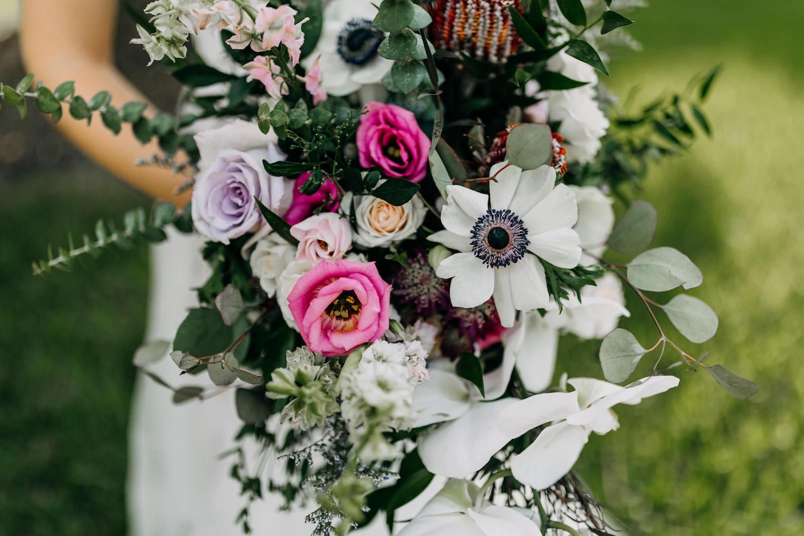 Lush Floral Bouquet, White Anemone, Pink and Lilac Roses, Greenery Floral Bouquet | Tampa Bay Wedding Florist Leaf It To Us | Wedding Photographer Amber McWhorter Photography