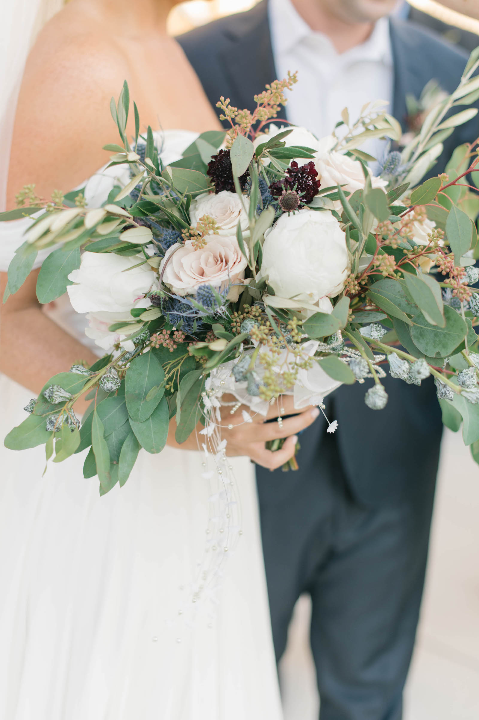 Boho Garden Wedding, Bride Holding Blush Pink Roses, White Peony, Greenery Eucalyptus Floral Bridal Bouquet