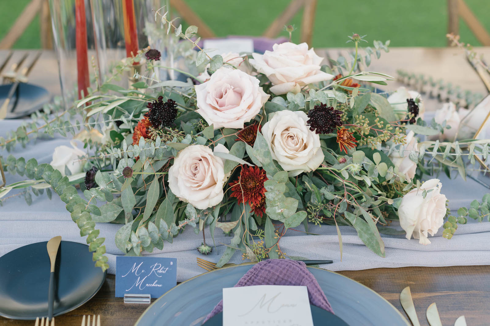 Boho Garden Wedding Reception Decor, Ivory Roses, Greenery, Eucalyptus, Red Flowers Centerpiece