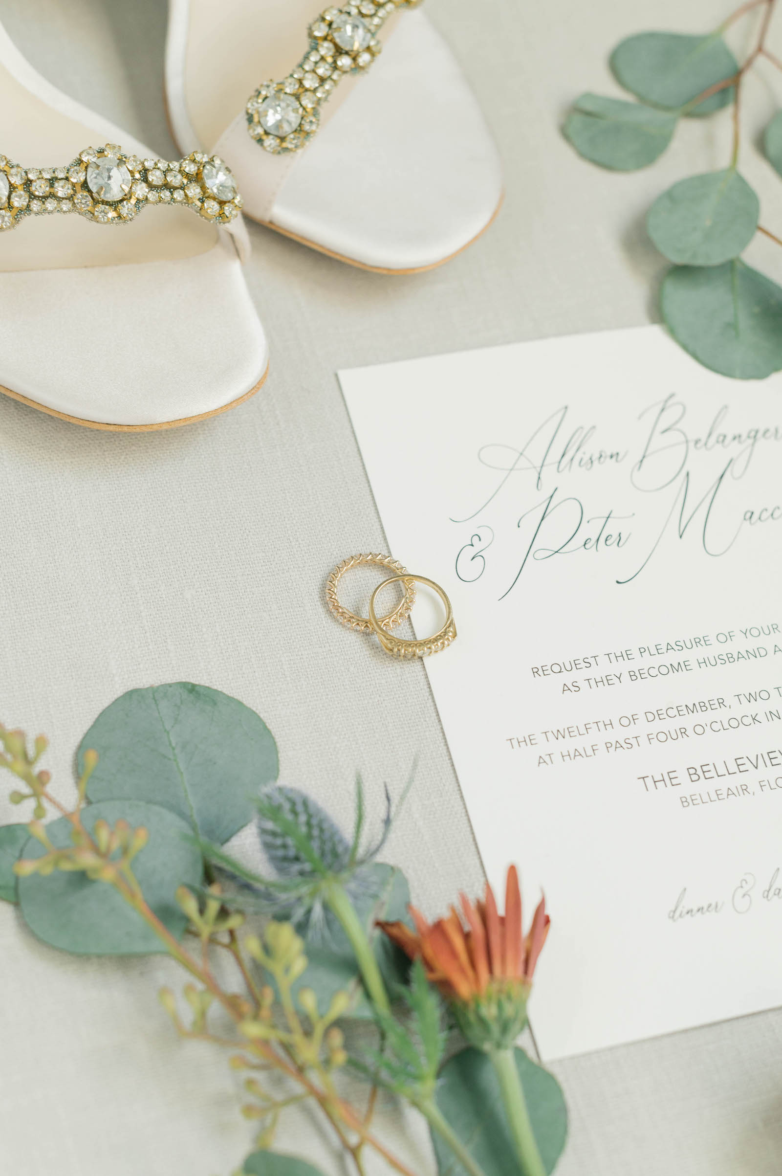 Boho Garden Wedding Inspiration Bridal Accessories, Gold and Rhinestone Crystal Strap Wedding Heels, Modern White Wedding Invitation