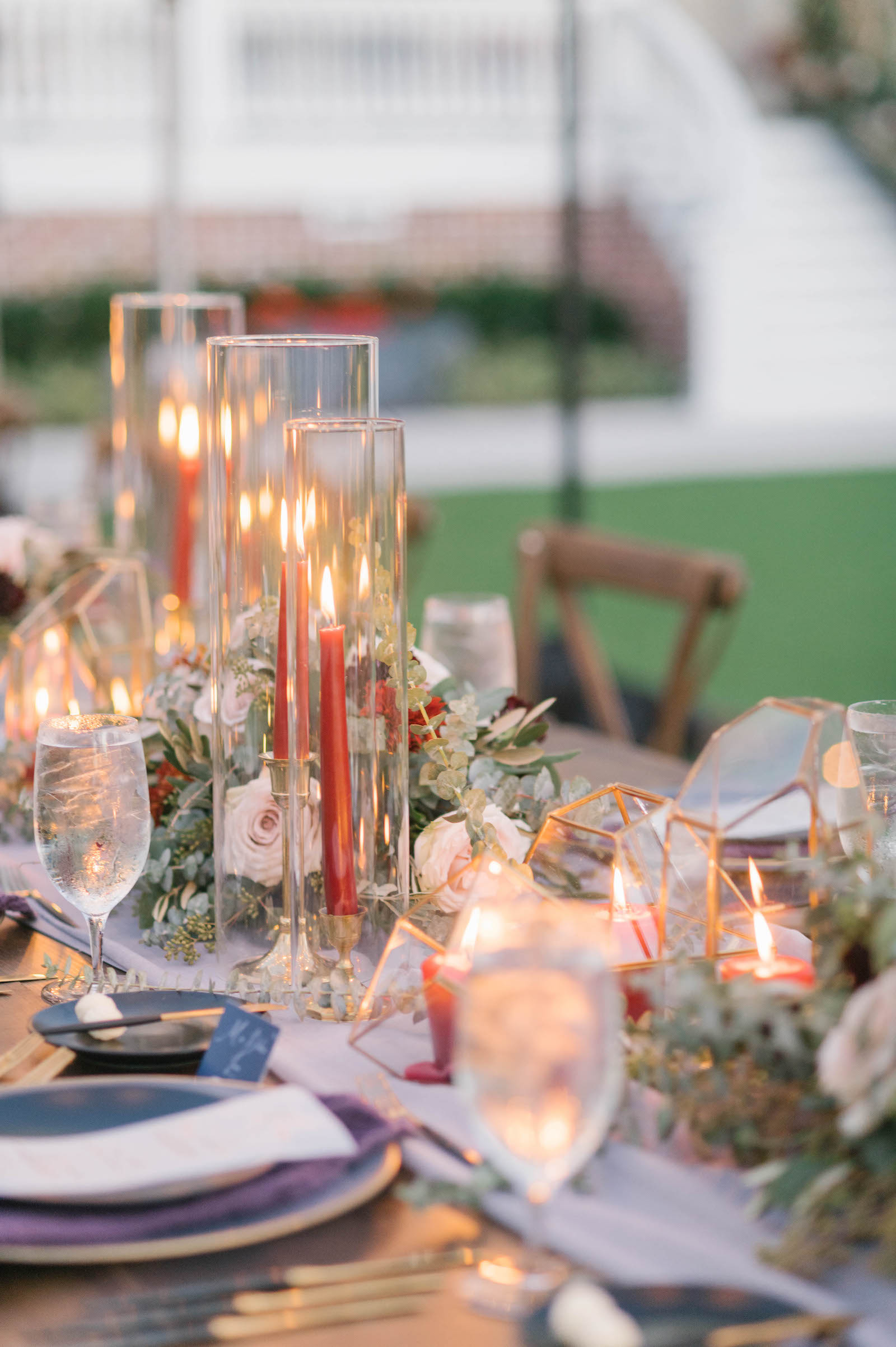 Boho Garden Wedding Reception Decor, Red Candlesticks, Geometric Vases, Greenery, Blush Pink Roses Floral Centerpieces