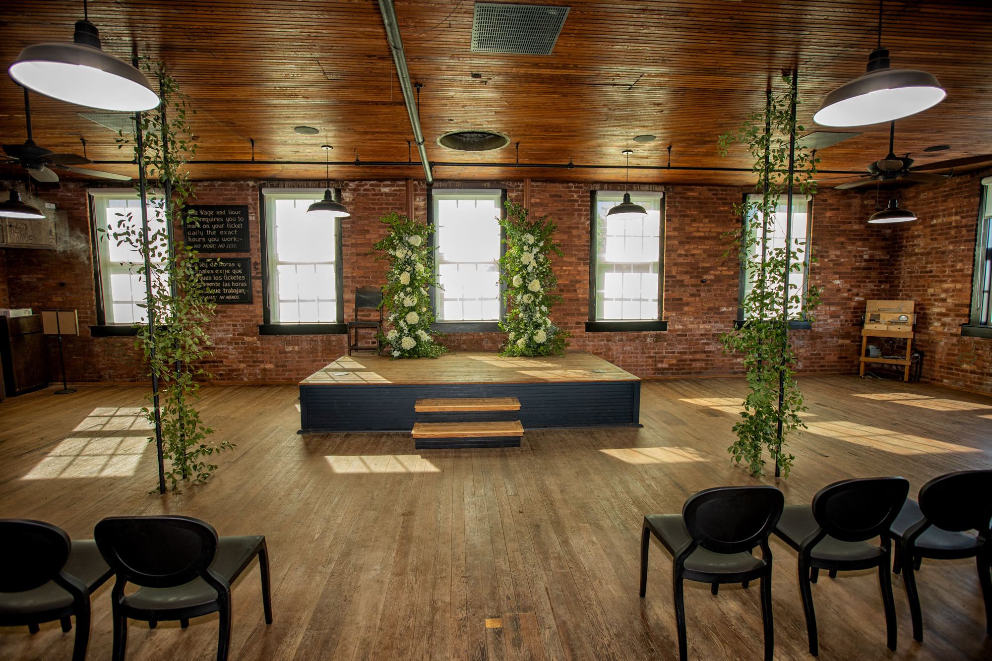 Boho Industrial Ybor-City Wedding Ceremony with Greenery Arch and White Flowers | Venue J.C. Newman Cigar Co.