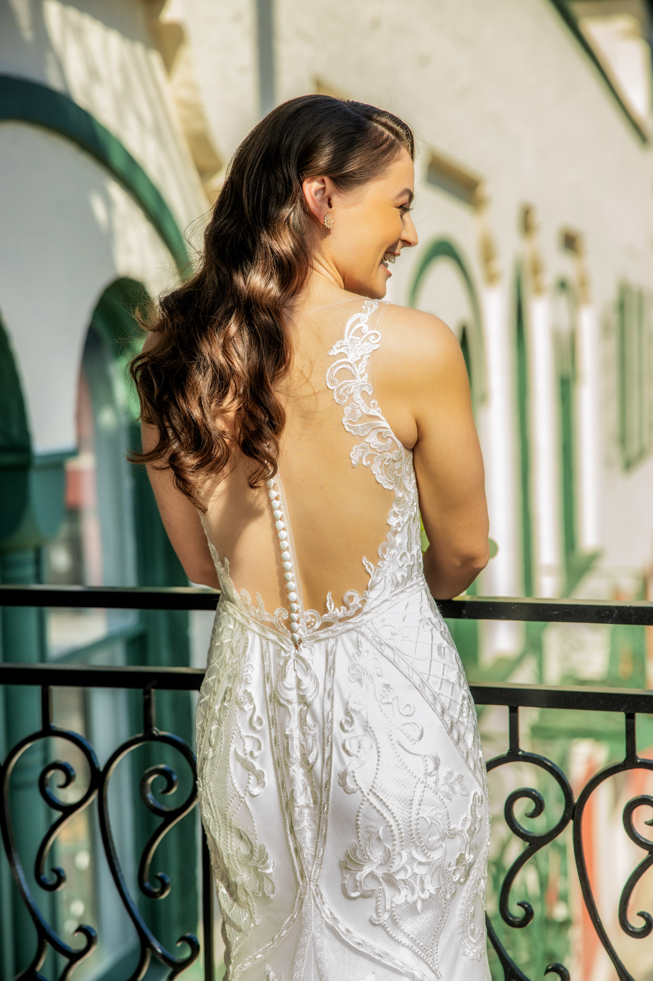 Lace and Beaded Open Back Wedding Dress with Button Detail