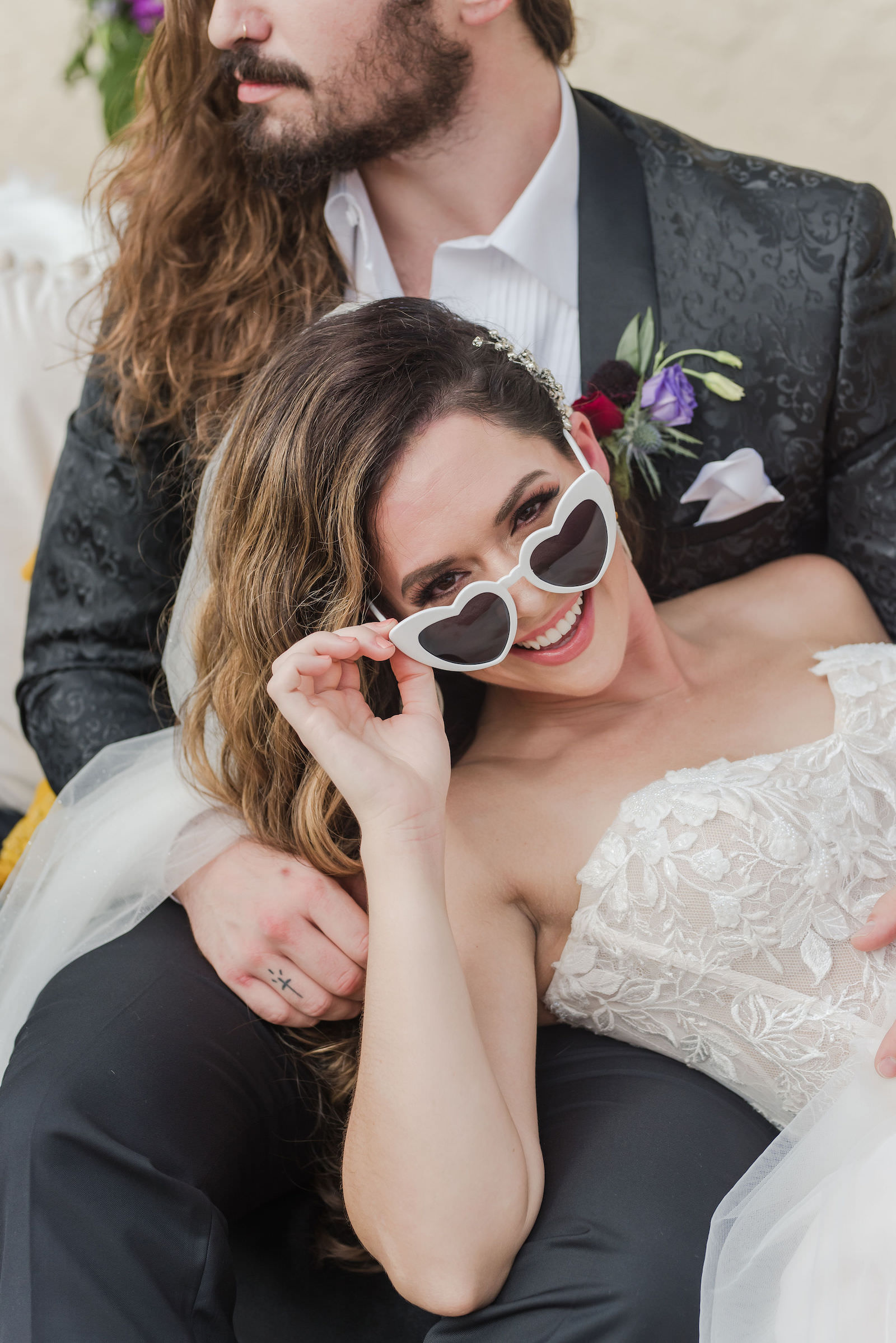 Modern Rock N Roll Wedding, Bride Wearing White Heart Shaped Sunglasses, Groom Wearing Custom Black Leather Suit Jacket | Tampa Bay Wedding Photographer Amanda Zabrocki Photography