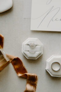 Diamond Engagement Halo Ring and Diamond Wedding Band in Geometric Velvet Ring Box