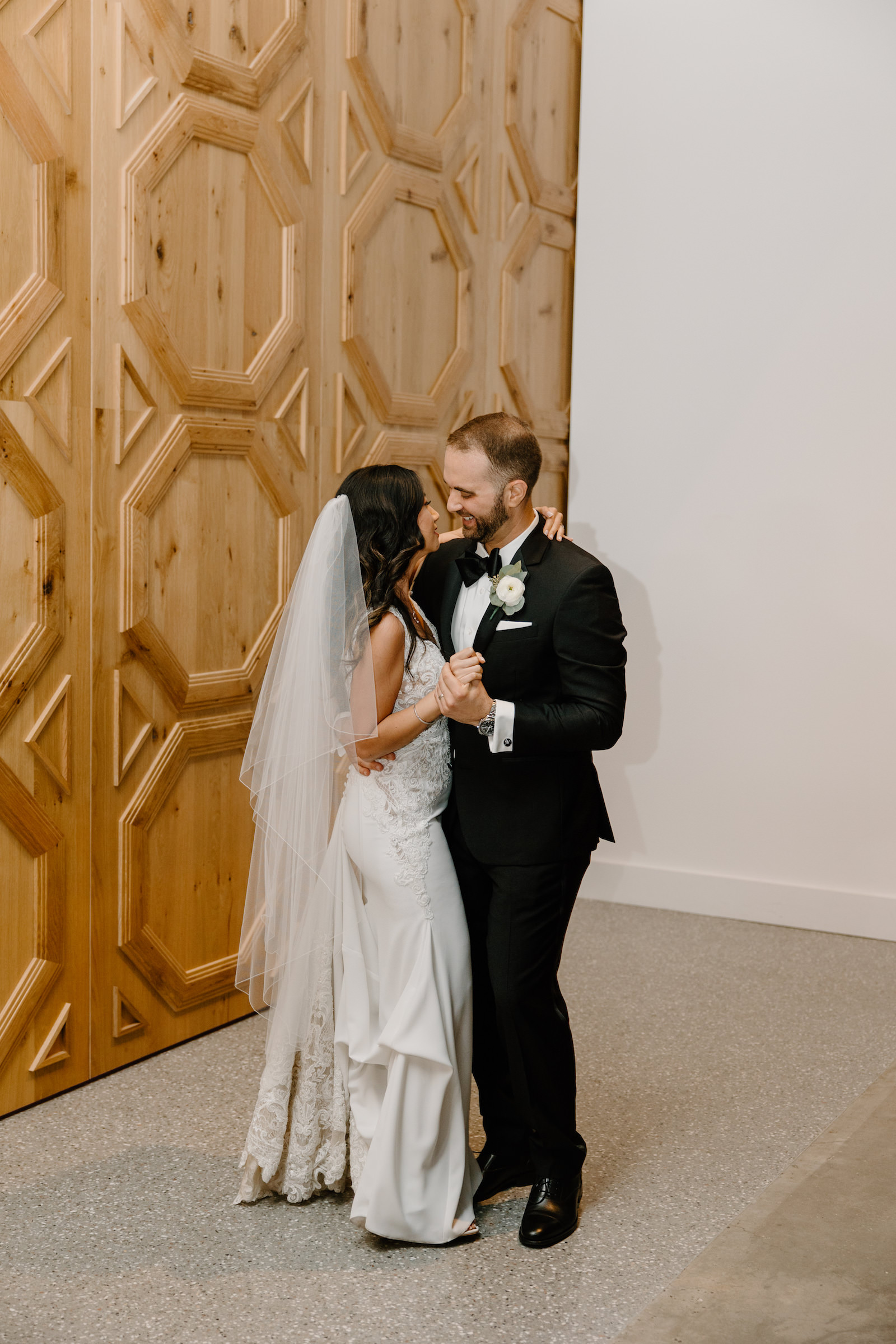 Modern Boho Bride and Groom Sharing Private Dance At Unique South Tampa Wedding Venue Hyde House
