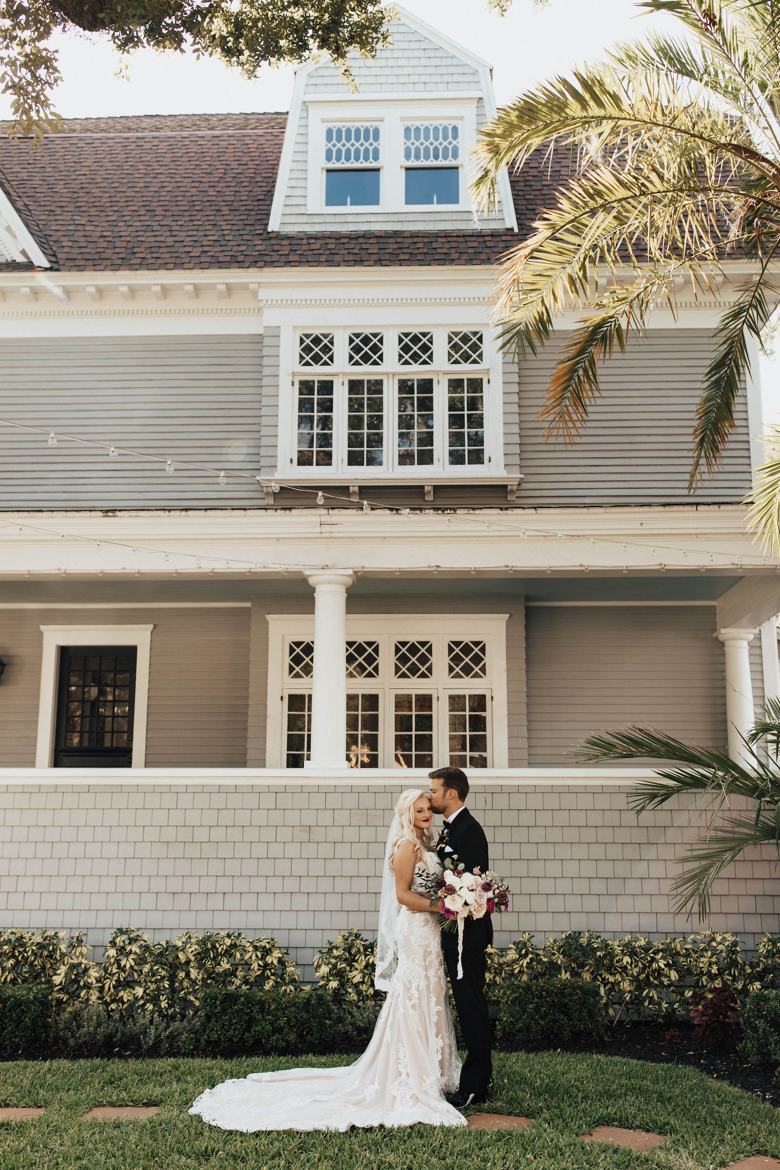 Warm Romantic Neutral Wedding, Bride Wearing Lace and Illusion with Nude Lining Wedding Dress First Look with Groom | South Tampa Wedding Planner Coastal Coordinating