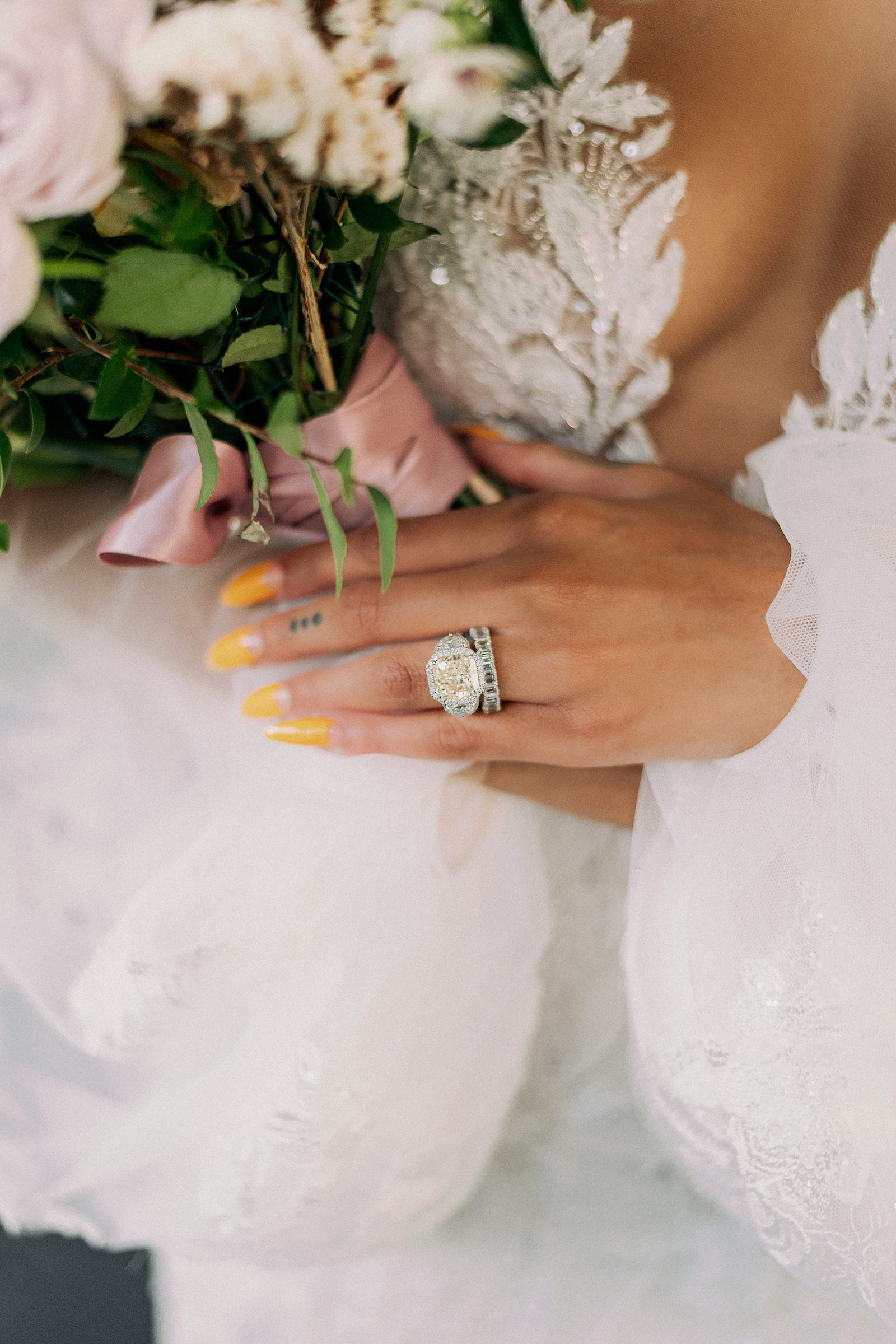 Vintage European Bride, Close Up of Yellow Cushion Cut and Halo Two Side Stone Diamond Engagement Ring | Tampa Bay Wedding Photographer Dewitt for Love