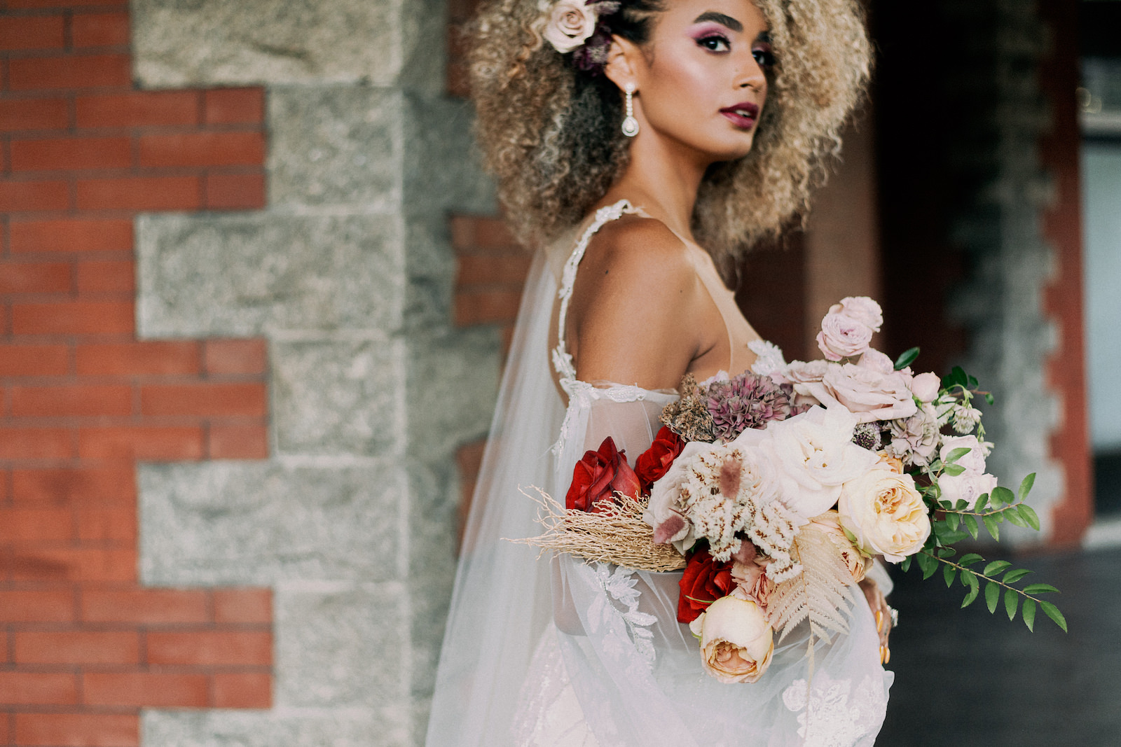 Vintage European Bride Holding Organic Blush Pink, Yellow and Red Roses, Greenery, Dried Leaves Floral Bouquet, Bride Beauty Portrait | Tampa Bay Wedding Photographer Dewitt for Love