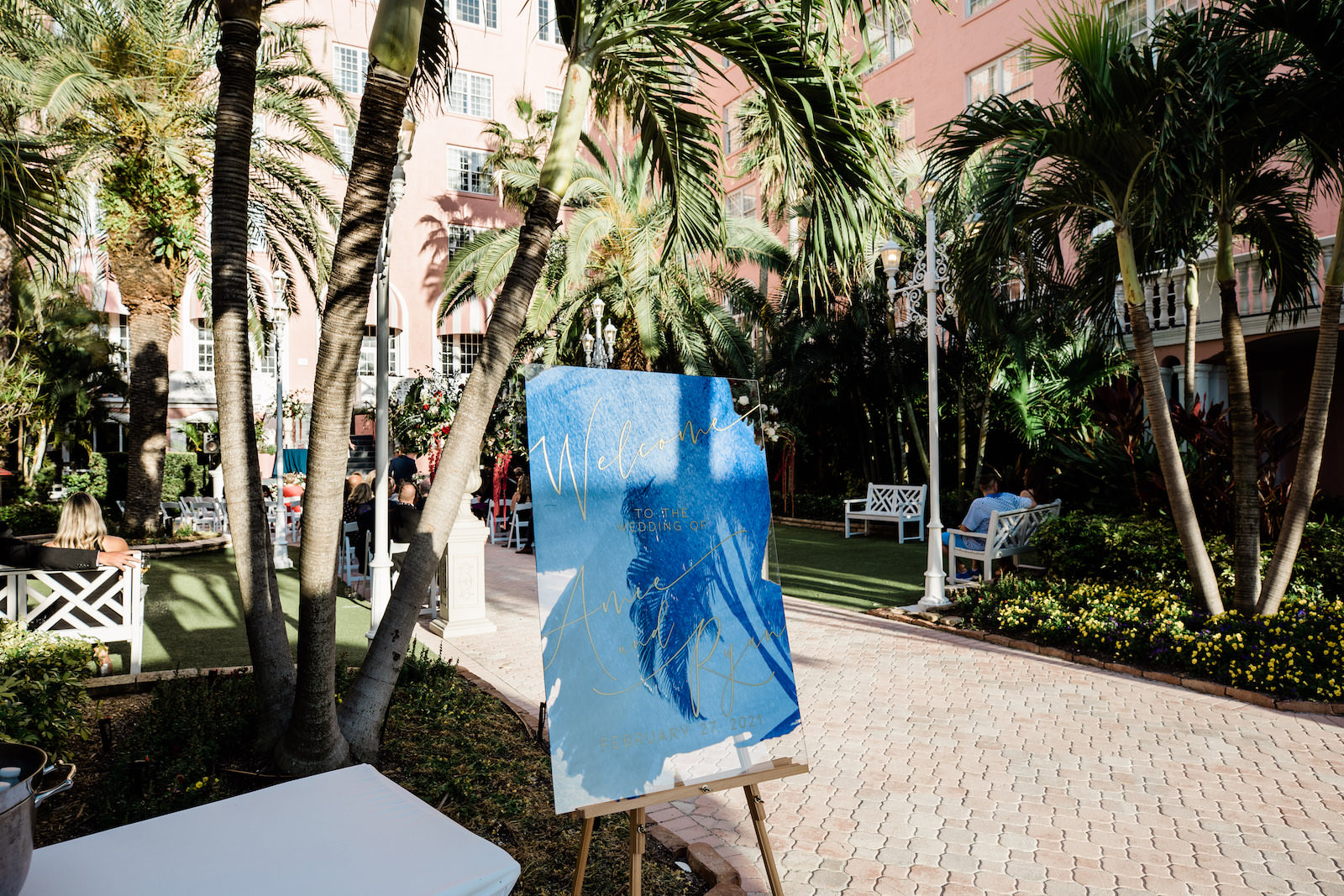 Elegant Navy Wedding Ceremony Decor, Blue Tropical and Gold Welcome Sign | St. Pete Historic Pink Palace Wedding Venue The Don Cesar | Wedding Planner Perfecting the Plan