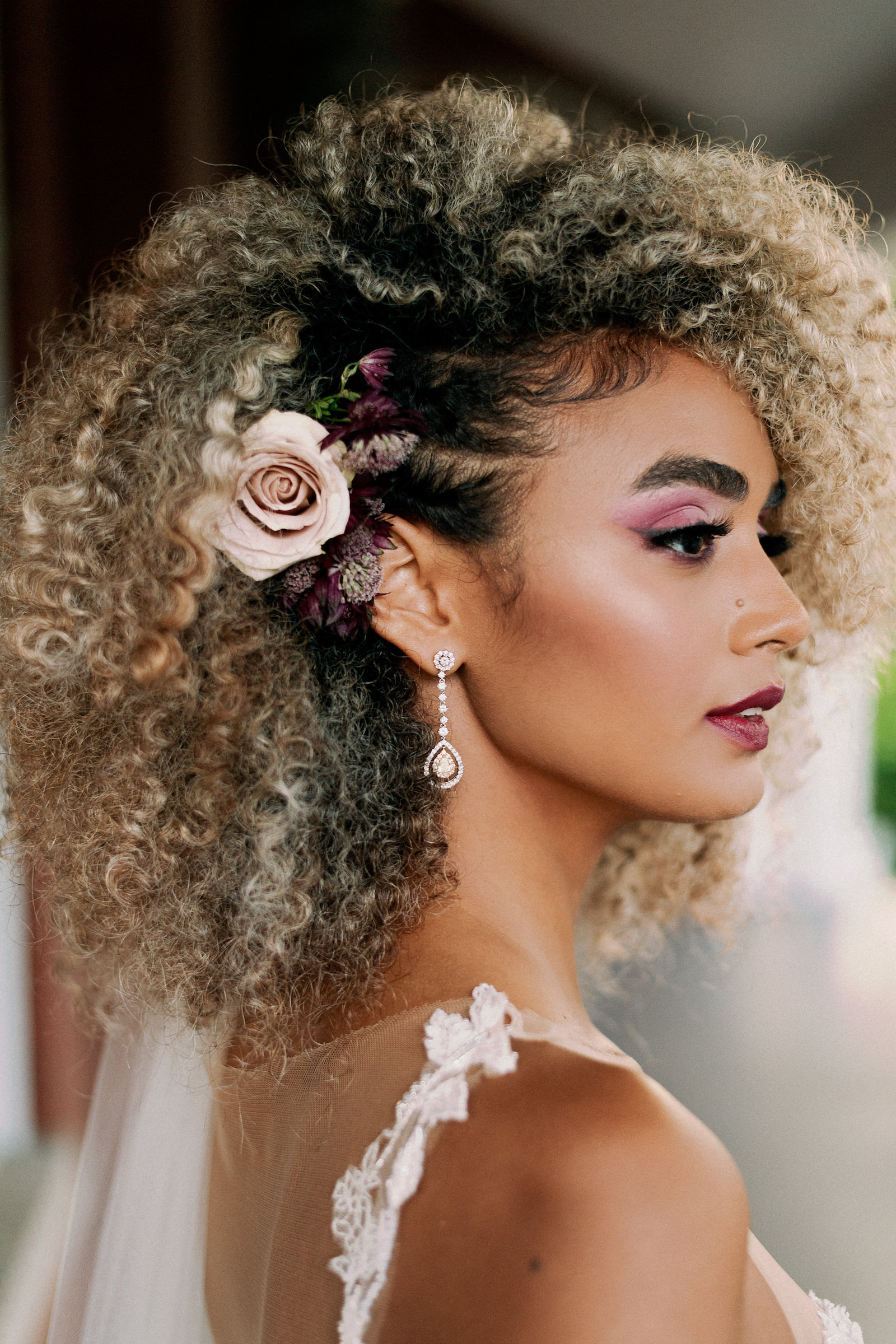 Vintage European Bride with Blush Pink Rose in Hair and Pink Eyeshadow, Bridal Beauty Portrait | Tampa Bay Wedding Photographer Dewitt for Love