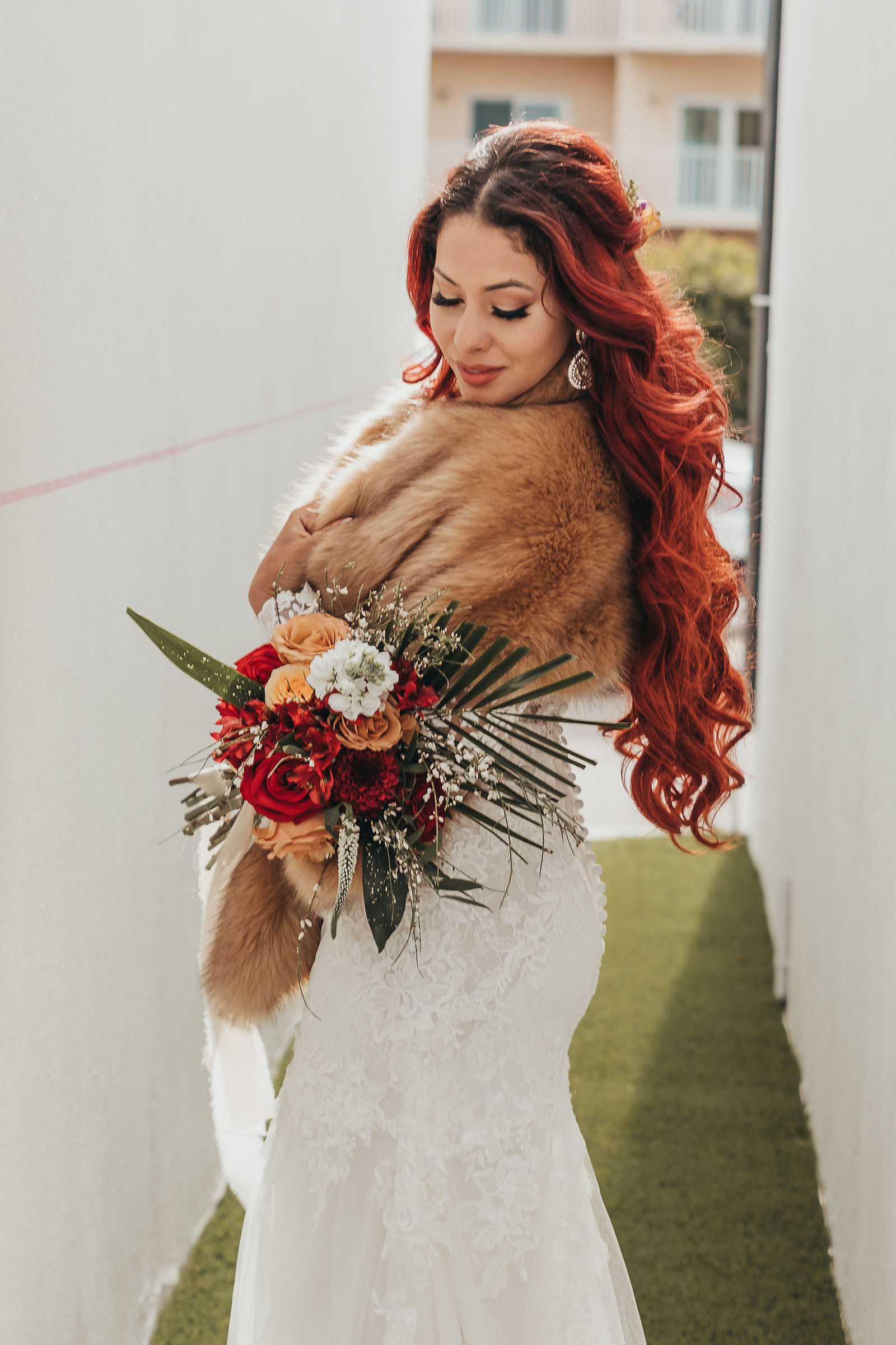 Lace Long Sleeve Trumpet Style Wedding Dress with Fur Shawl Bridal Portrait | Tampa Florida Bridal Boutique Truly Forever Bridal