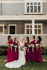 Warm Romantic Neutral Wedding, Bride Wearing Lace and Illusion with Nude Lining Wedding Dress, Bridesmaids Wearing Mix and Match Berry Dresses