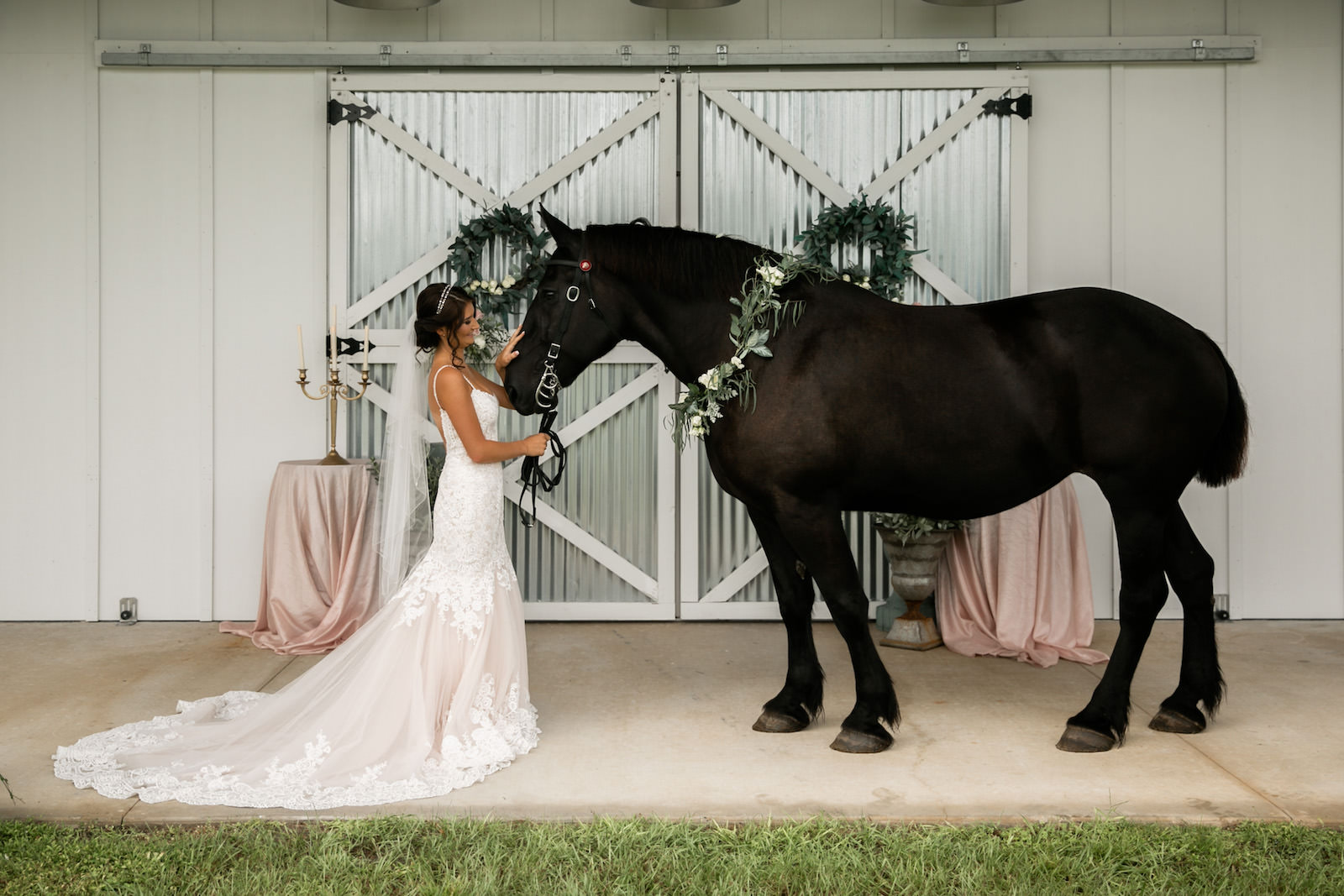 Bride in Long Train Sweetheart Neckline Gown with Horse Rustic Wedding Portrait | Tampa Farm Wedding Covington Farms