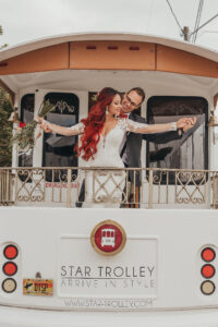 Bride and Groom Wedding Transportation on Star Trolley Wedding Portrait