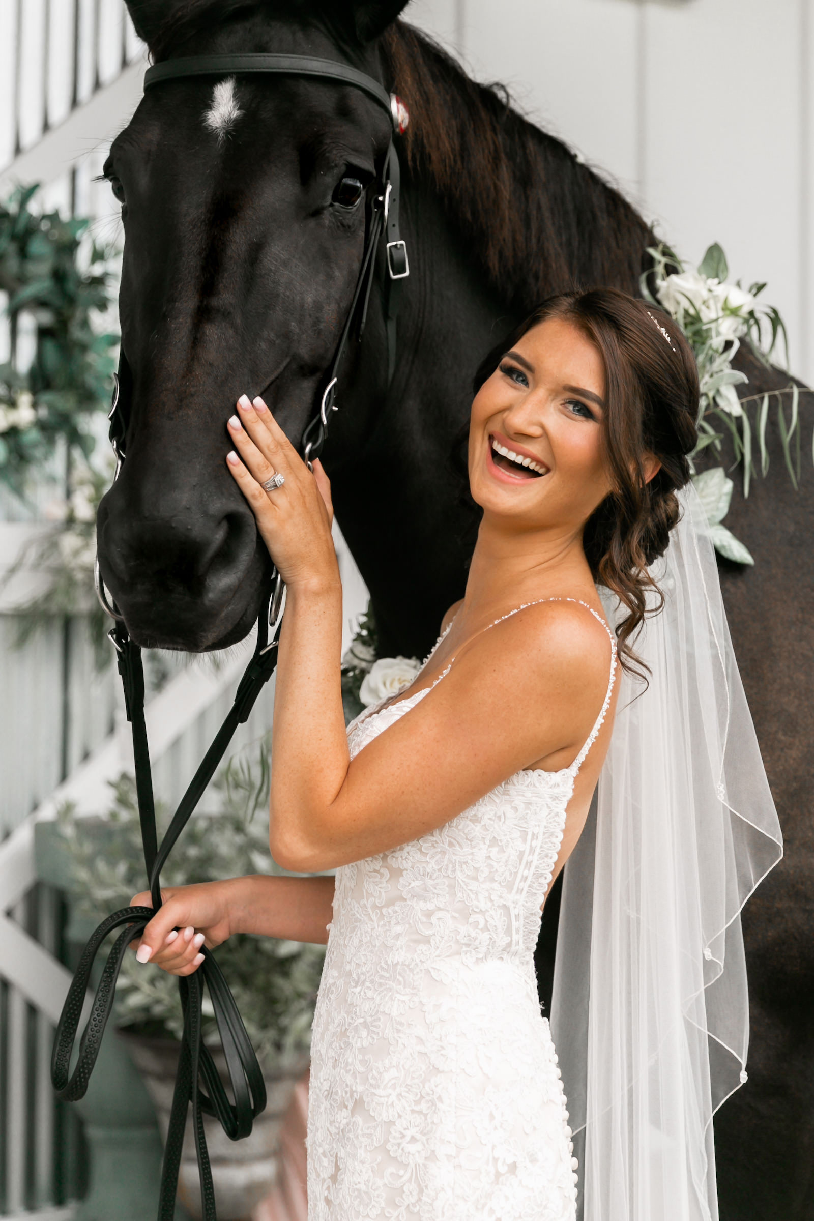 Bride with Curled Updo and Classic Makeup with Horse Wedding Portrait | Tampa Wedding Venue Covington Farms | Tampa Hair and Makeup Artist Adore Bridal