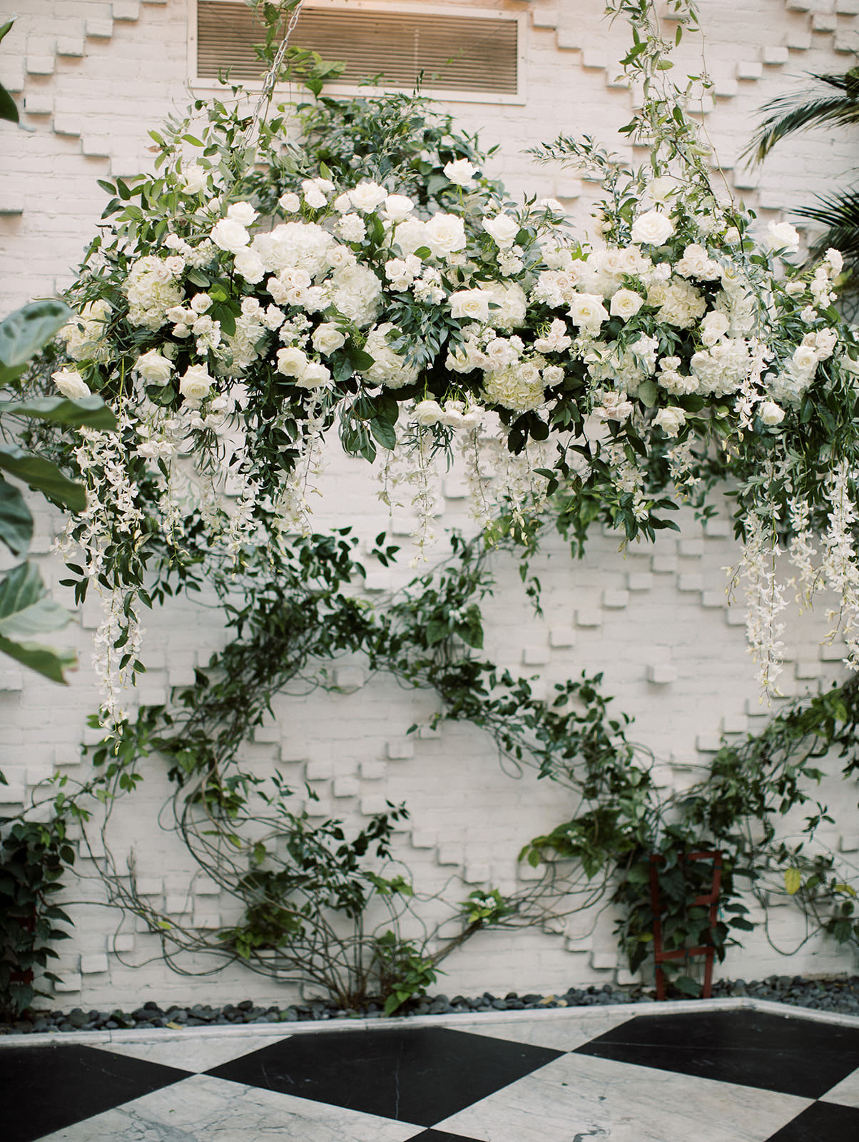 Classic Elegant Wedding Decor, Hanging Lush White Roses, Hydrangeas, Flowers and Greenery Flowers | Tampa Bay Wedding Florist Botanica | South Tampa Wedding Venue Oxford Exchange
