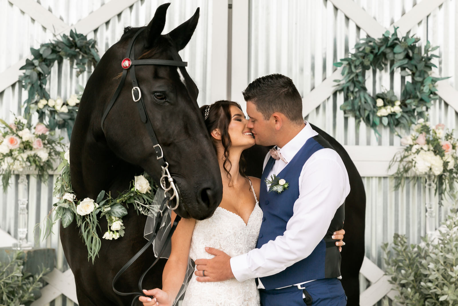 Bride and Groom Intimate Rustic Wedding Portrait with Black Horse | Rustic Wedding Venue Florida Covington Farms
