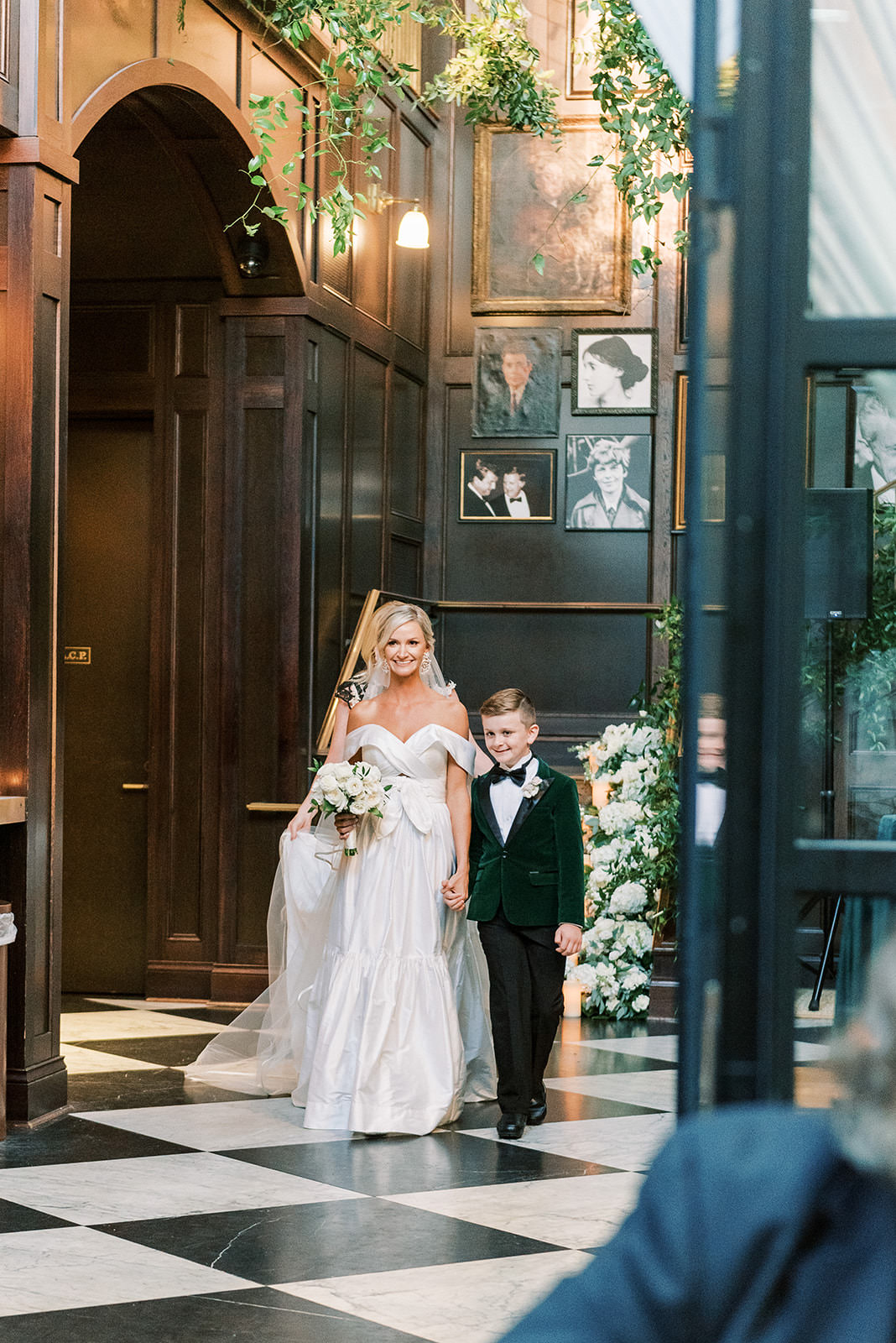 Classic Elegant Bride Walking Down the Wedding Ceremony Aisle Processional with Son | Tampa Bay Wedding Venue Oxford Exchange
