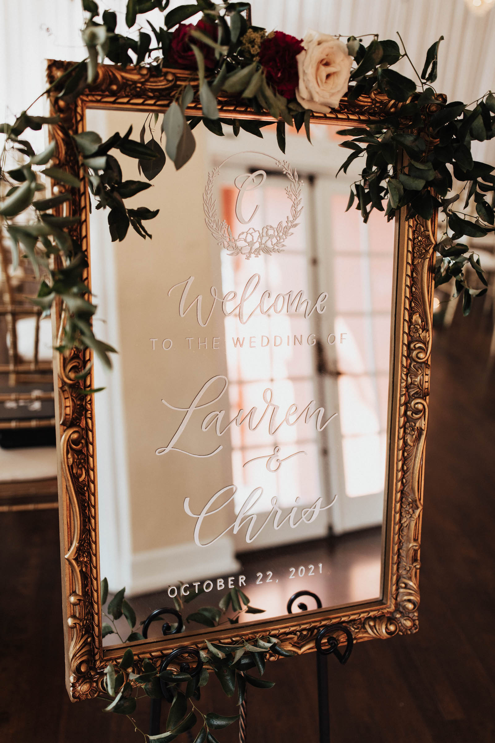 Warm Romantic Neutral Wedding, Vintage Gold Welcome Mirror with Greenery Garland and Roses | Tampa Bay Wedding Planner Coastal Coordinating