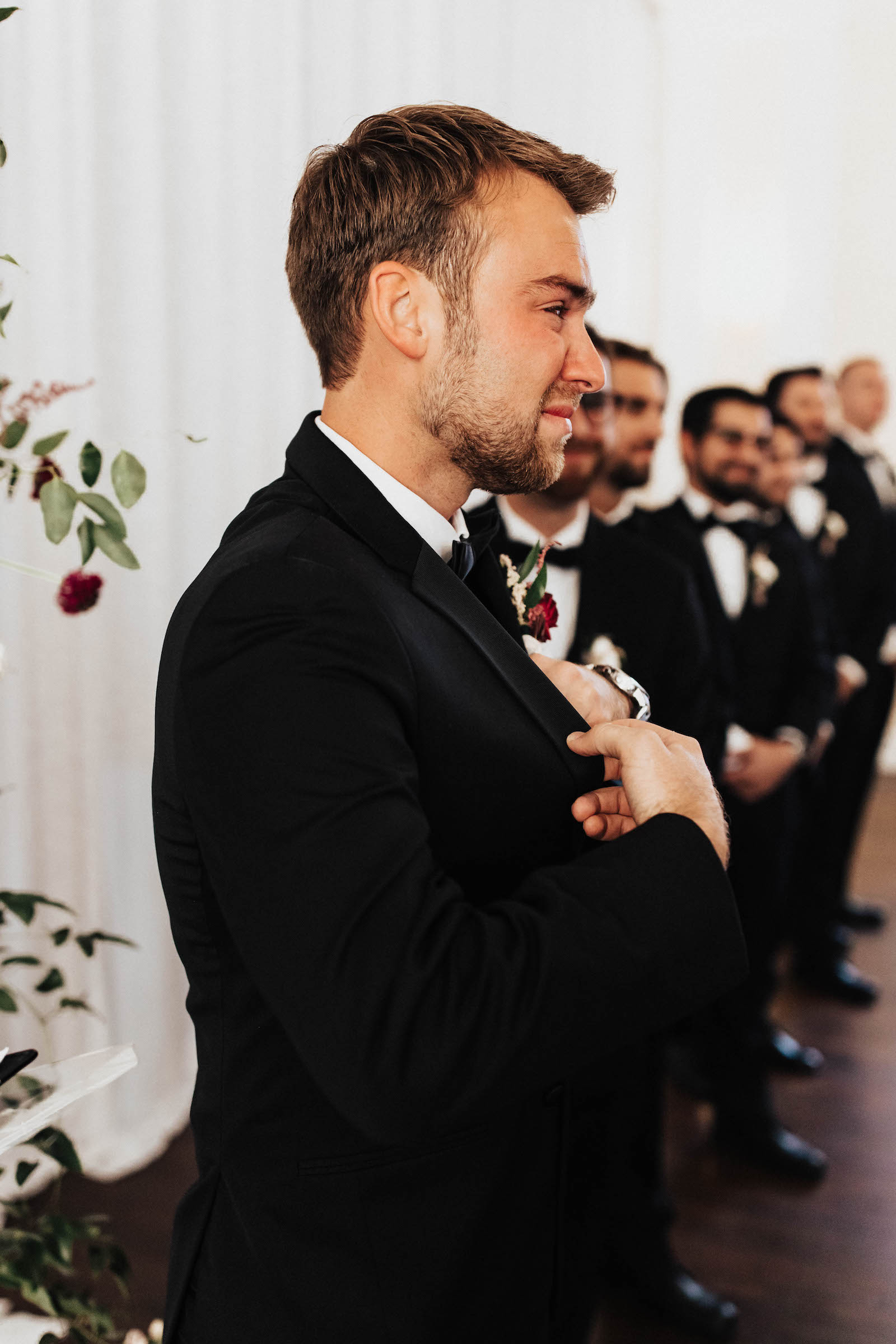 Warm Romantic Neutral Wedding Ceremony, Groom Emotional Reaction to Watching Bride Walking Down the Aisle Wedding Portrait