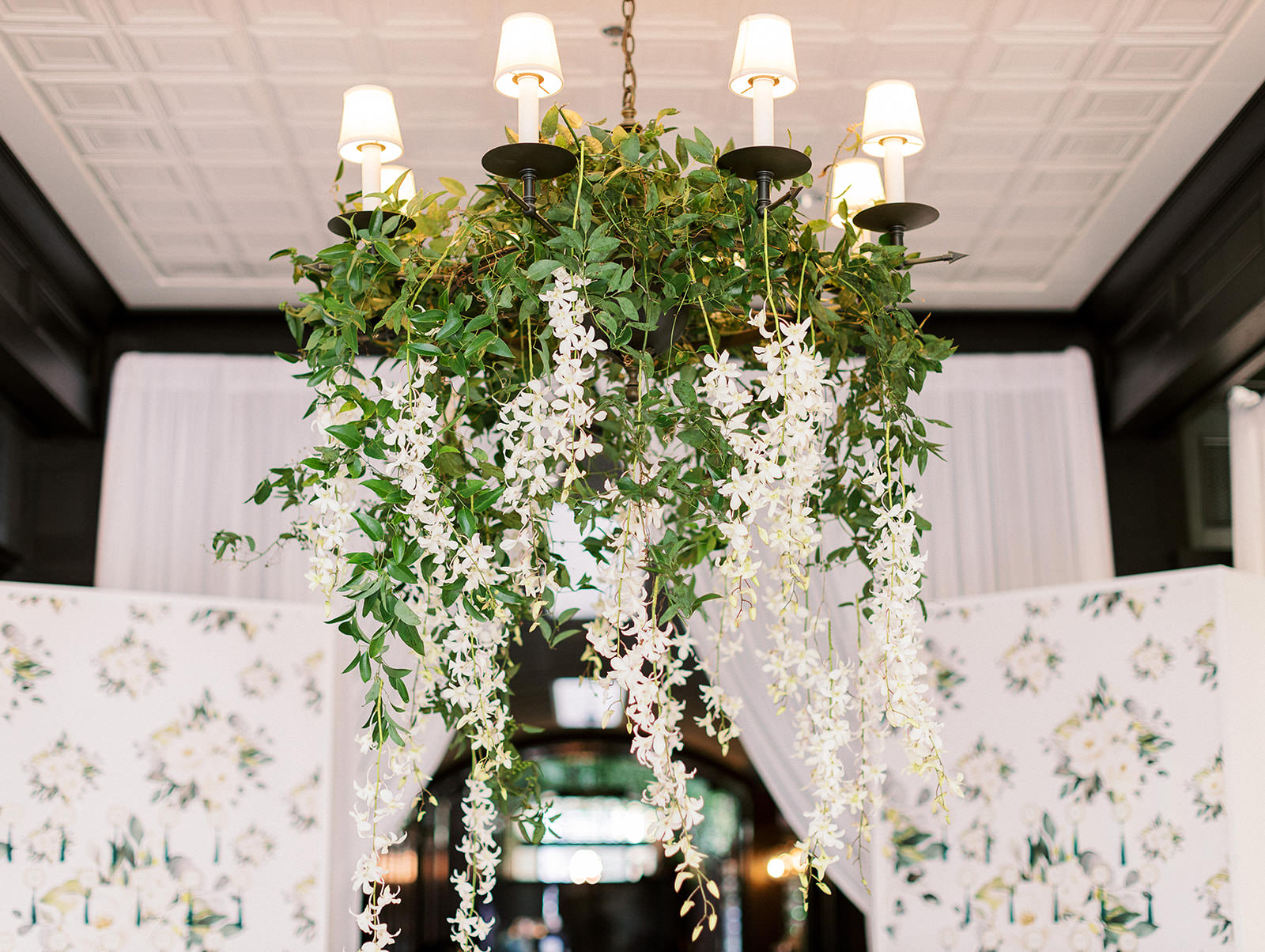 Classic Wedding Decor, Lush White Hanging Flowers with Greenery on Chandelier | Tampa Bay Wedding Florist Botanica