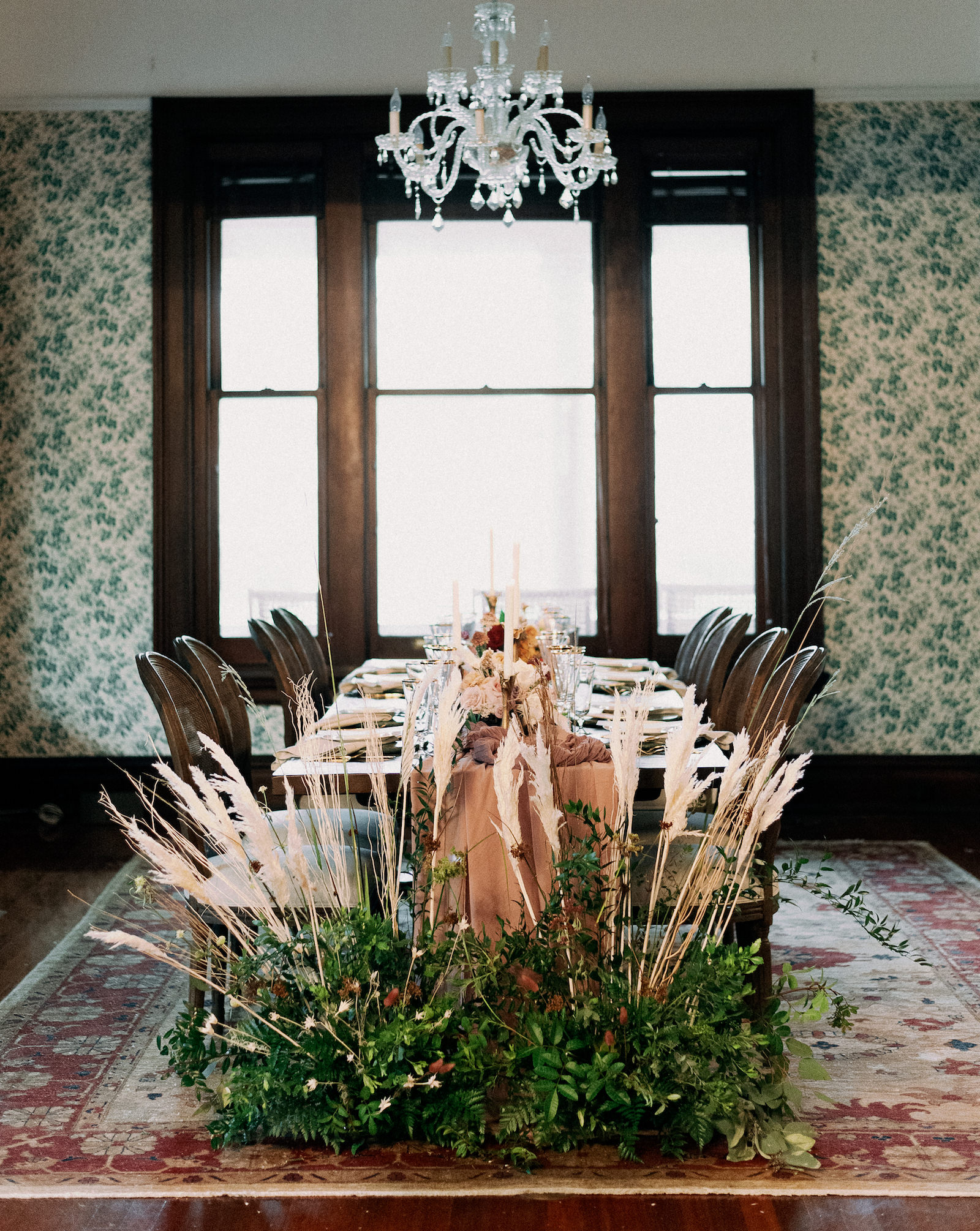 Vintage European Wedding Decor, Greenery, Pampas Grass Lush Floral Arrangement | Tampa Bay Wedding Photographer Dewitt for Love | Historic Wedding Venue Anderson House Tampa